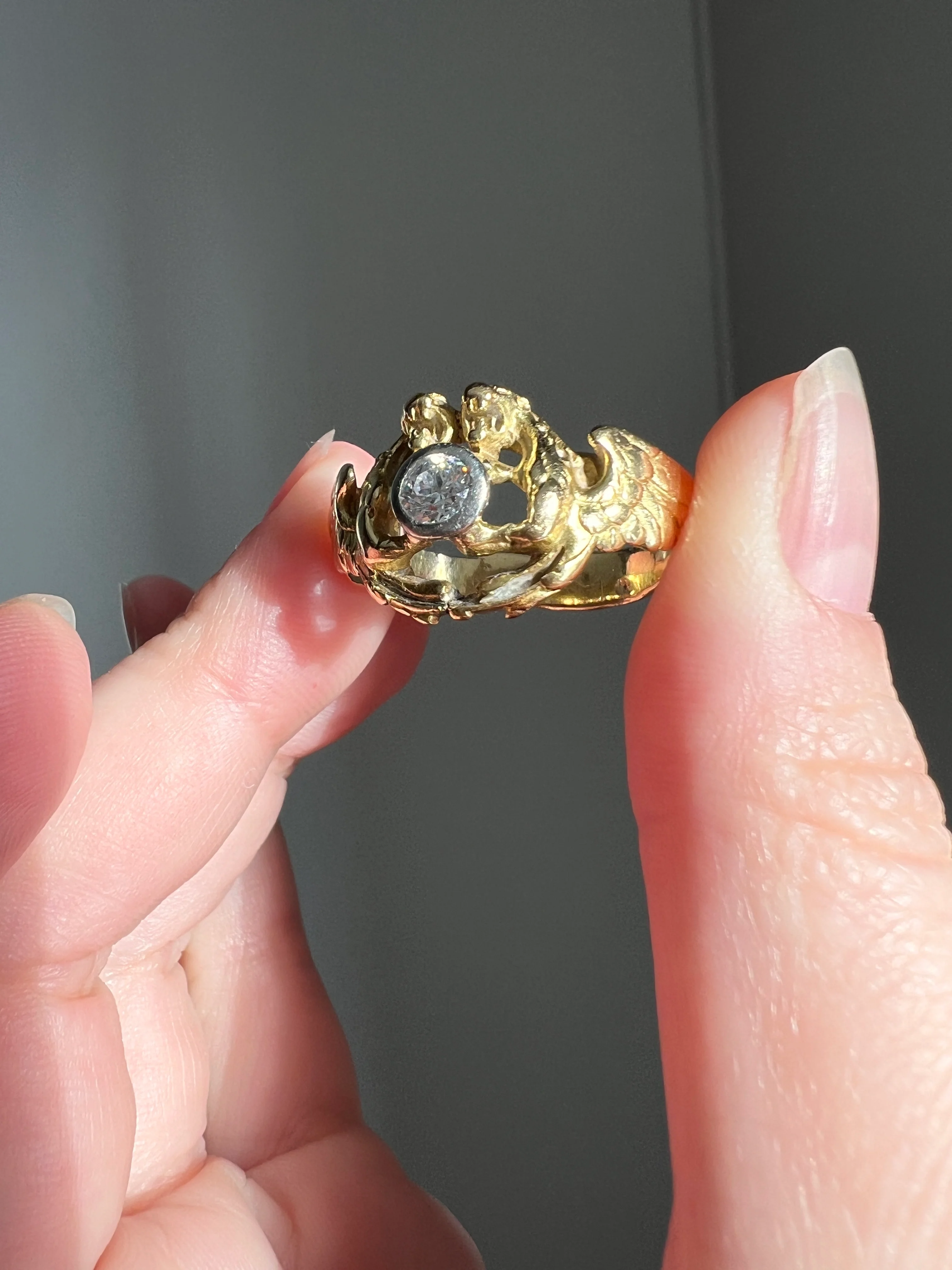 HEAVY Double DRAGON French Antique .3 Ctw Old European Cut DIAMOND RiNG 10g 18k Gold Gift Victorian Figural Unisex - Image 13