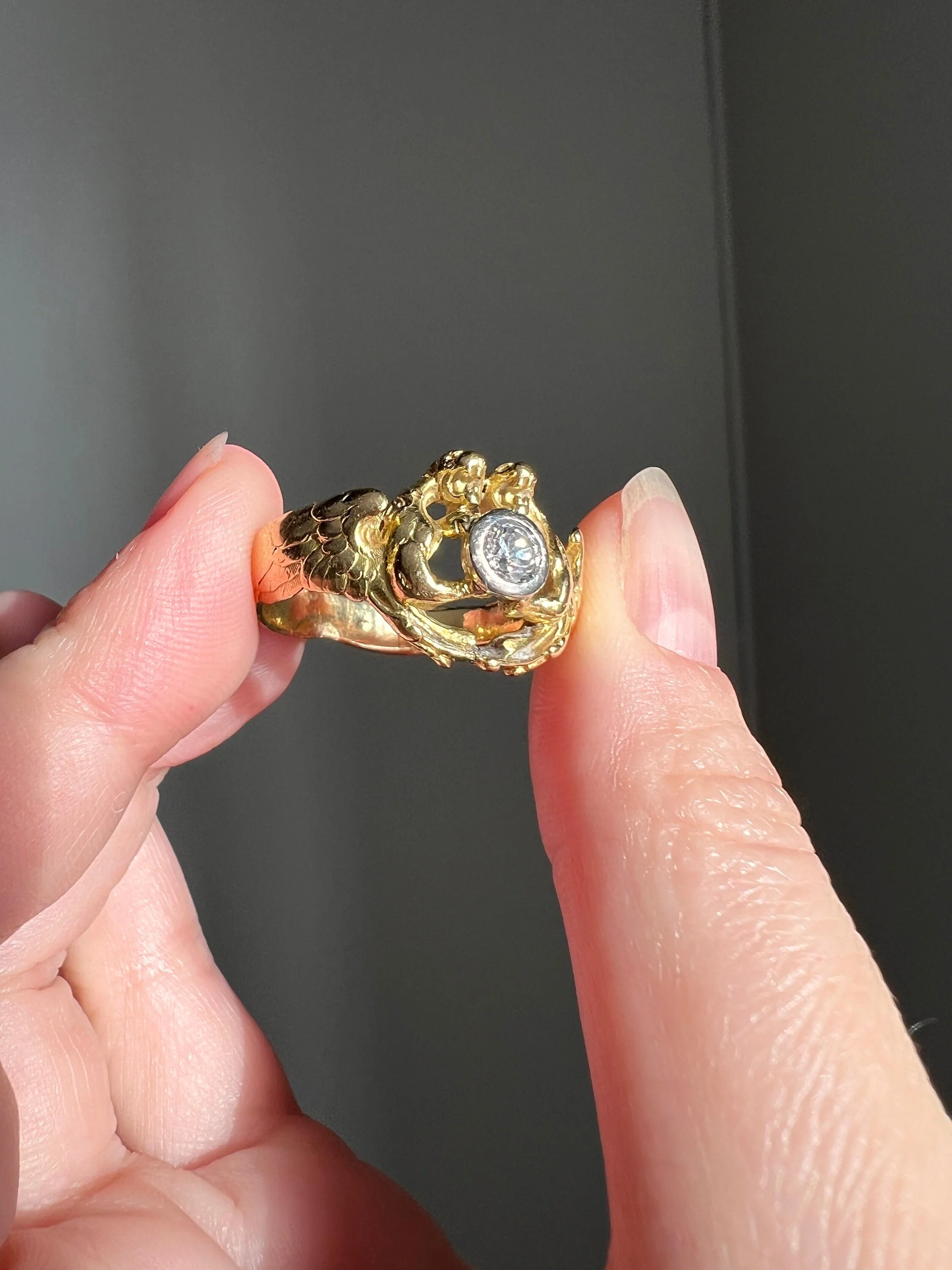 HEAVY Double DRAGON French Antique .3 Ctw Old European Cut DIAMOND RiNG 10g 18k Gold Gift Victorian Figural Unisex - Image 4
