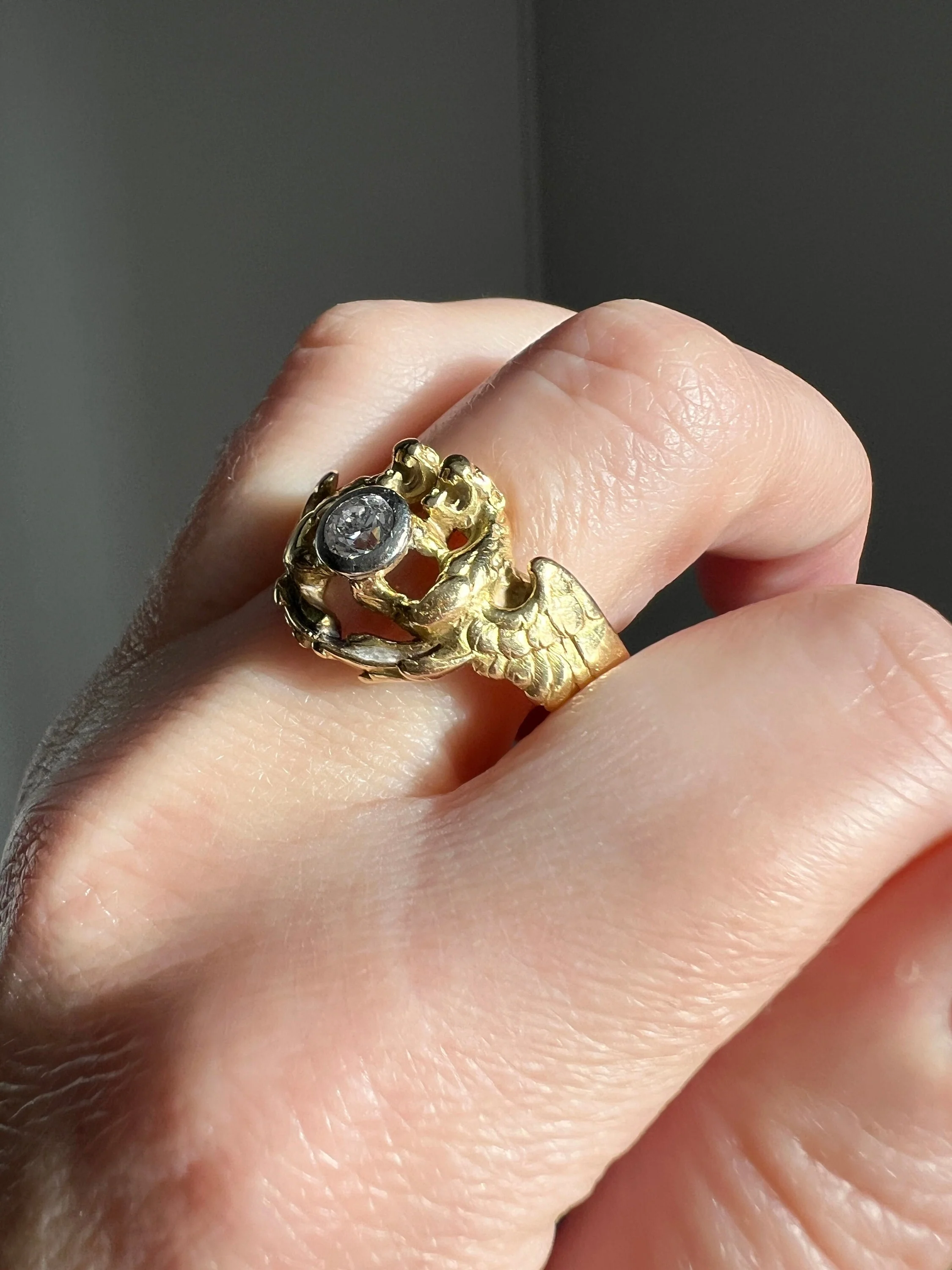 HEAVY Double DRAGON French Antique .3 Ctw Old European Cut DIAMOND RiNG 10g 18k Gold Gift Victorian Figural Unisex - Image 5