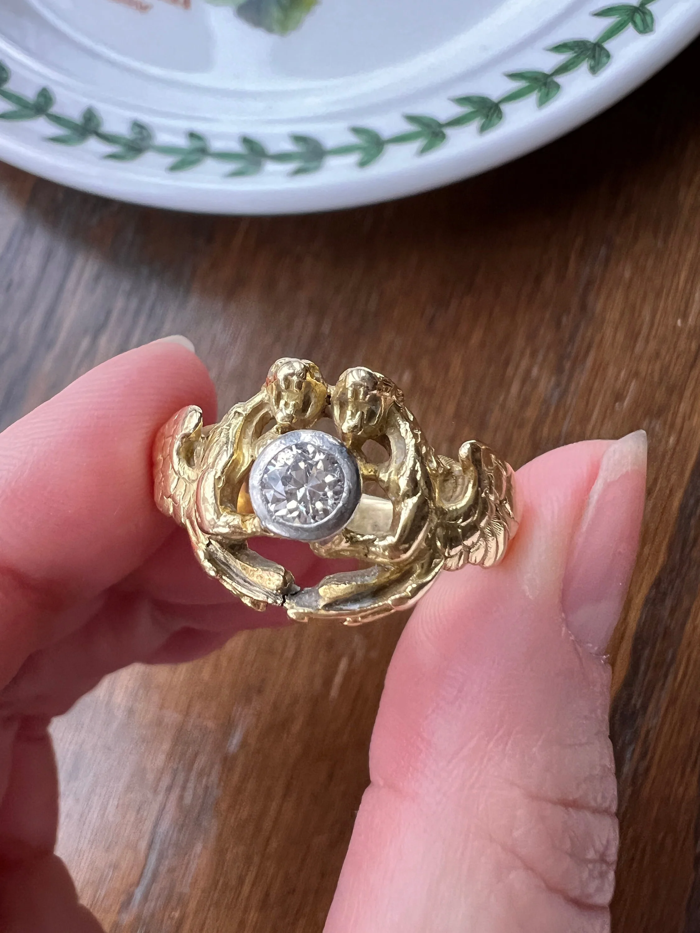 HEAVY Double DRAGON French Antique .3 Ctw Old European Cut DIAMOND RiNG 10g 18k Gold Gift Victorian Figural Unisex - Image 7