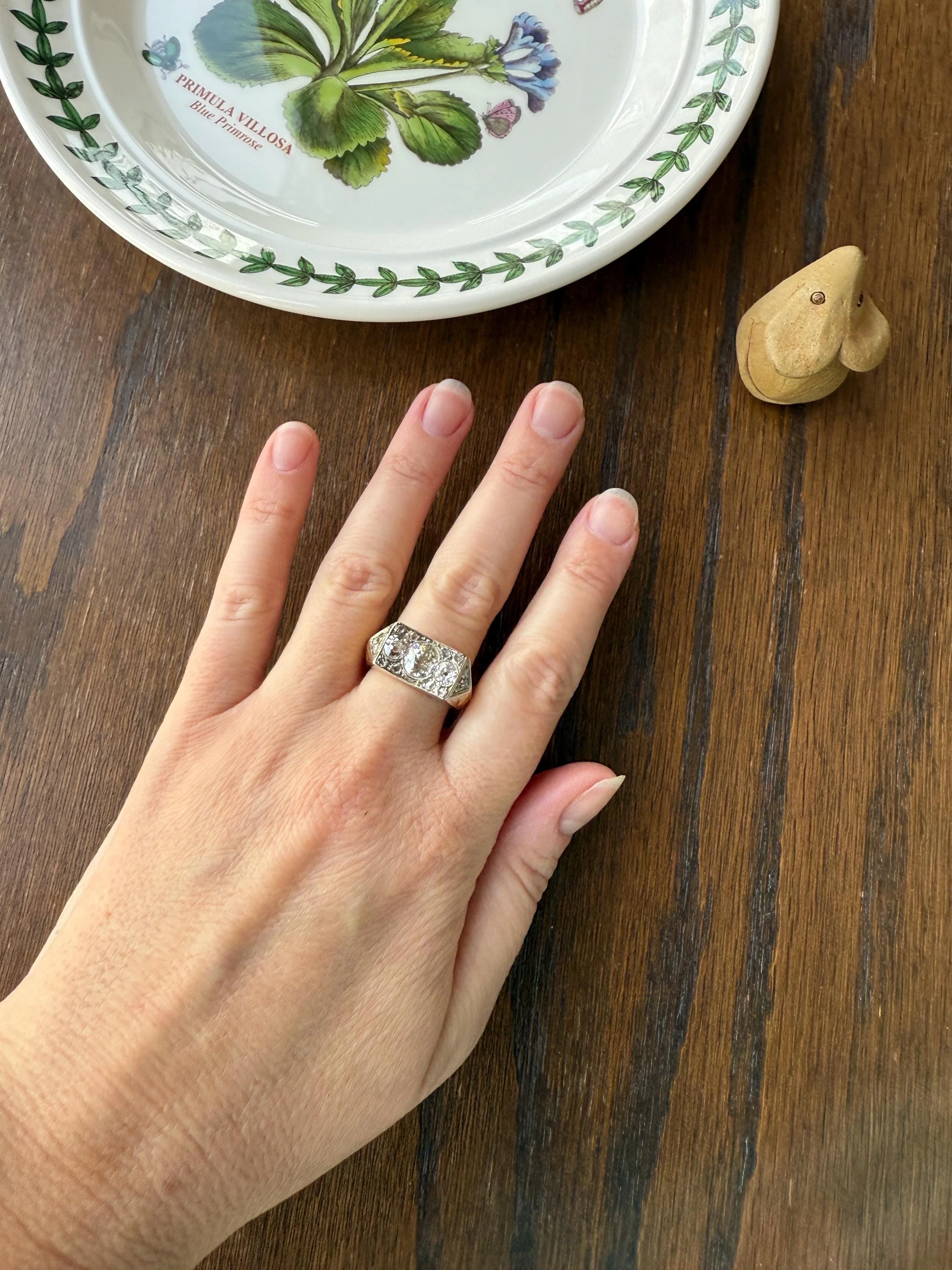 HEAVY French Antique 2 CARATS Old Mine Cut DIAMOND Chunky Tank Ring 14.6g 18k Gold Engraved Flared Geometric Rectangular Art Deco Omc - Image 14