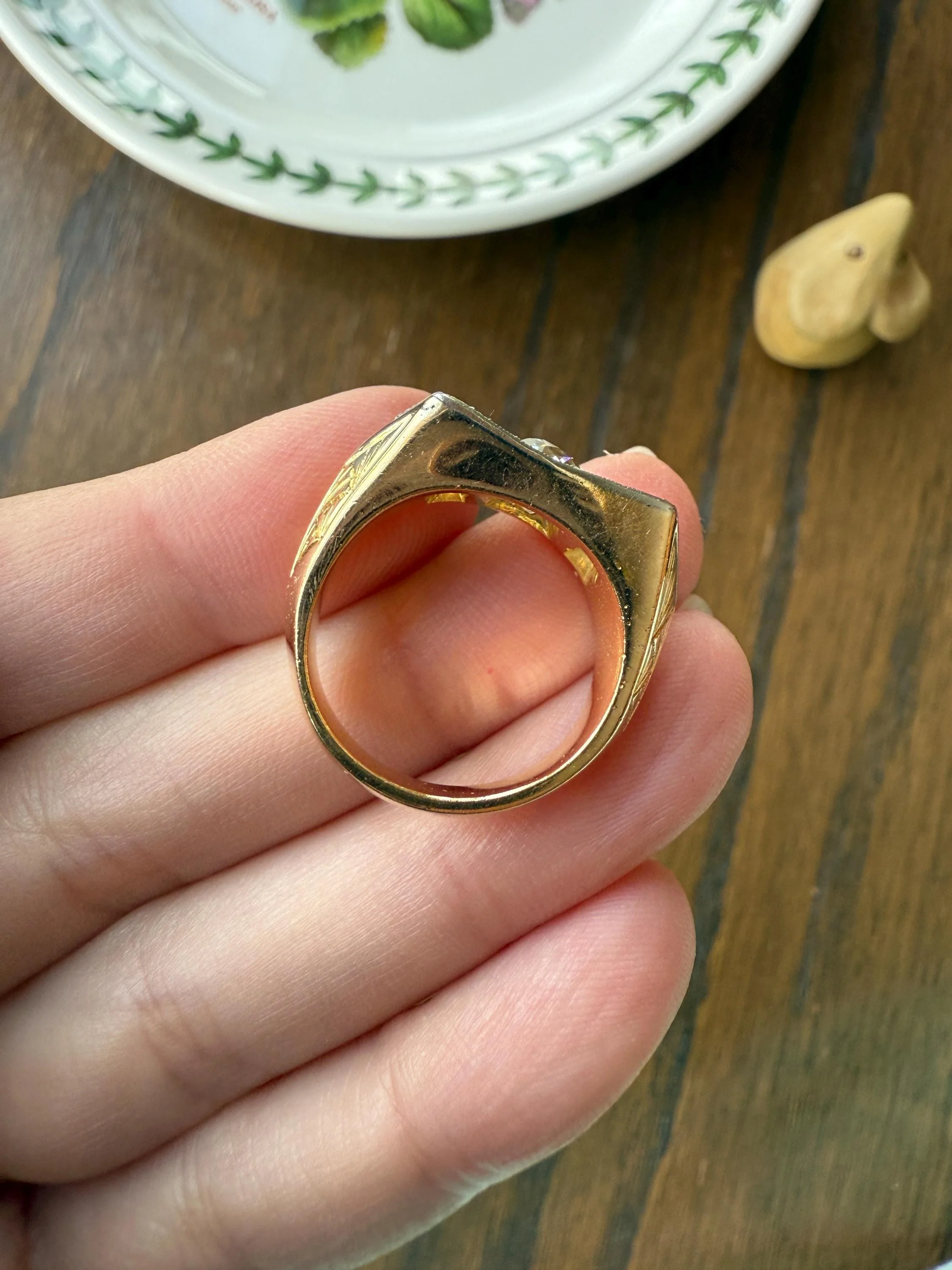 HEAVY French Antique 2 CARATS Old Mine Cut DIAMOND Chunky Tank Ring 14.6g 18k Gold Engraved Flared Geometric Rectangular Art Deco Omc - Image 20