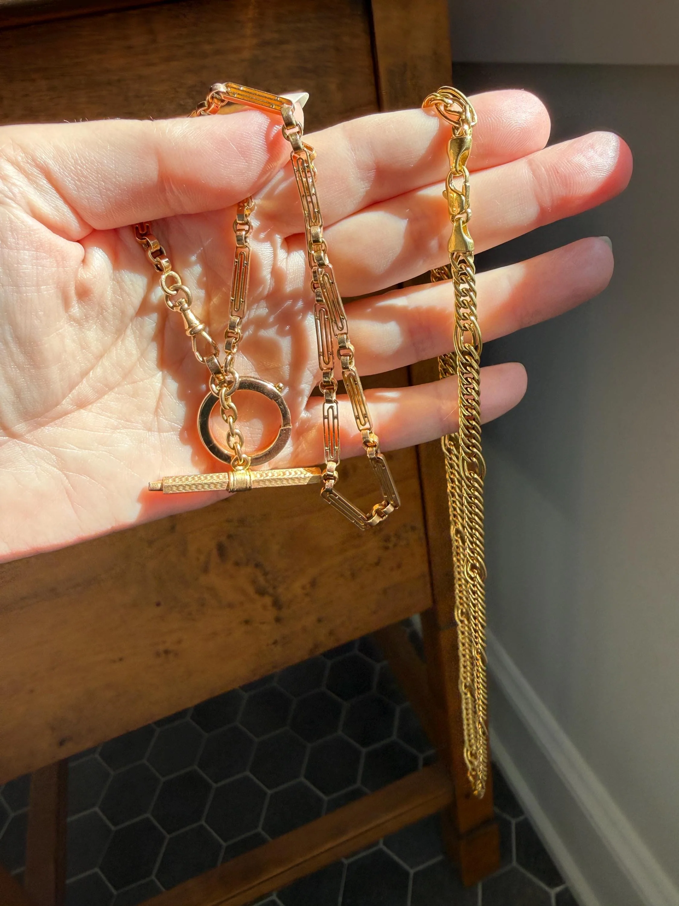 Heavy French Vintage Albert Watch Chain 20g 18k GOLD Solid Chunky Chain Necklace Oval Links XL Spring Ring T Bar Short Choker Extender - Image 7