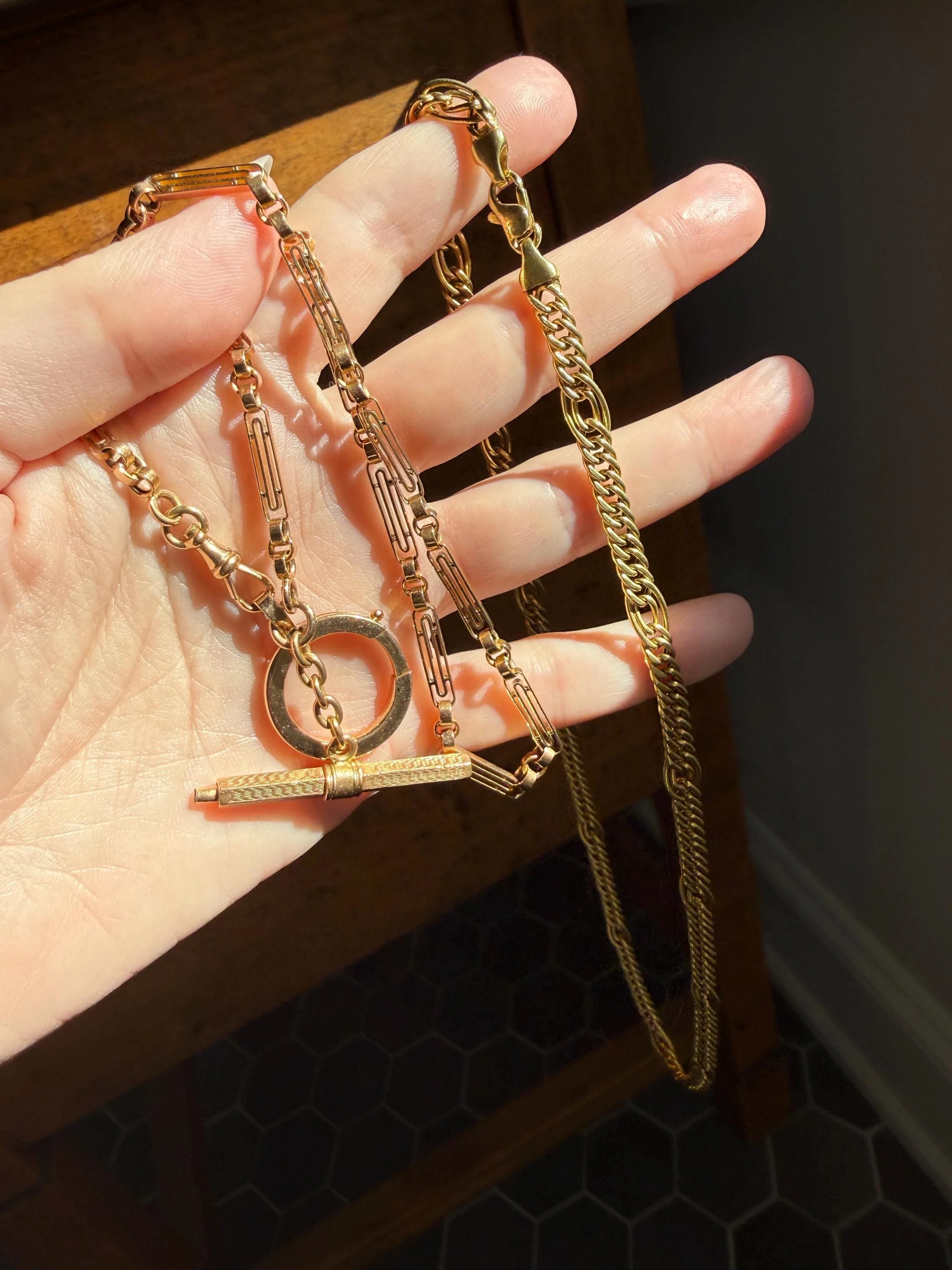 Heavy French Vintage Albert Watch Chain 20g 18k GOLD Solid Chunky Chain Necklace Oval Links XL Spring Ring T Bar Short Choker Extender - Image 9