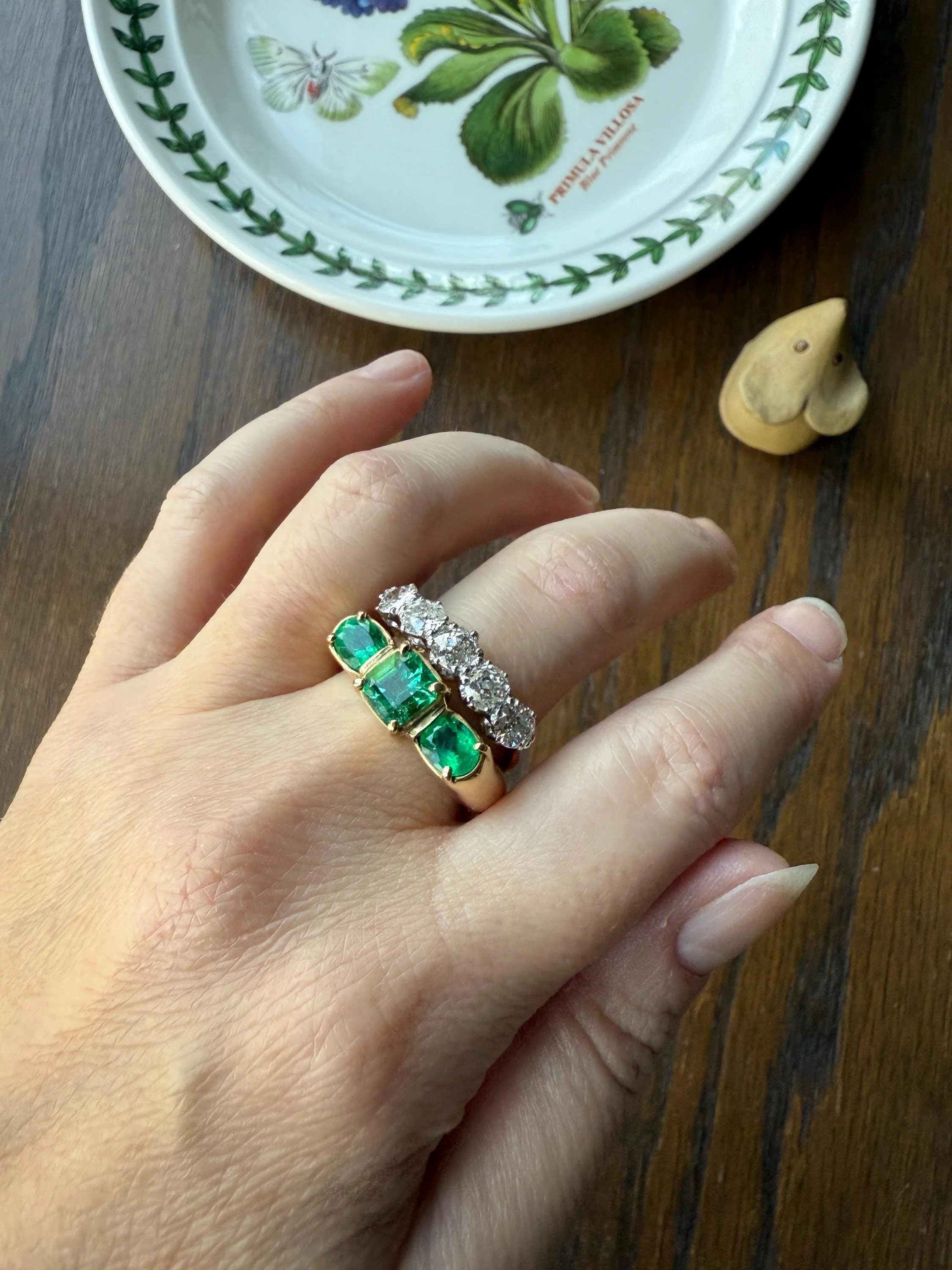 HEAVY Green EMERALD Chunky Vintage Three Stone Ring French 12g 18k Gold Wide Band Natural Oval & Emerald Cut Geometric Unique Retro - Image 16