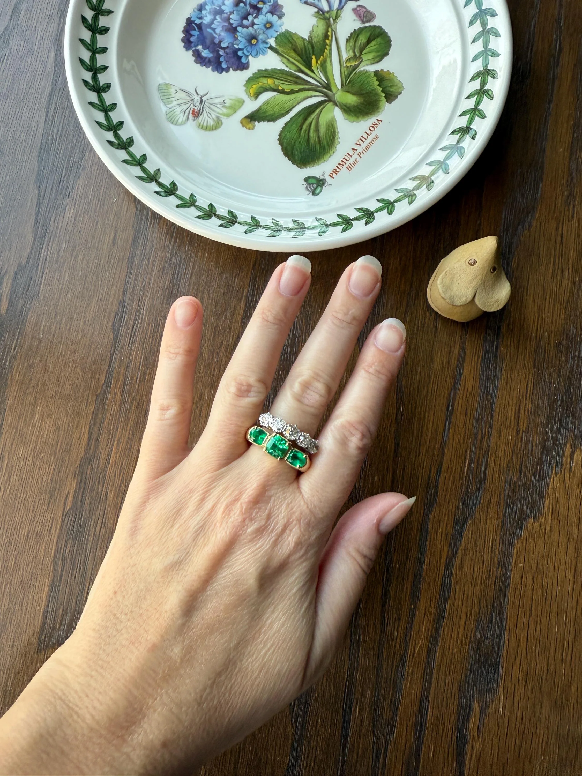 HEAVY Green EMERALD Chunky Vintage Three Stone Ring French 12g 18k Gold Wide Band Natural Oval & Emerald Cut Geometric Unique Retro - Image 18