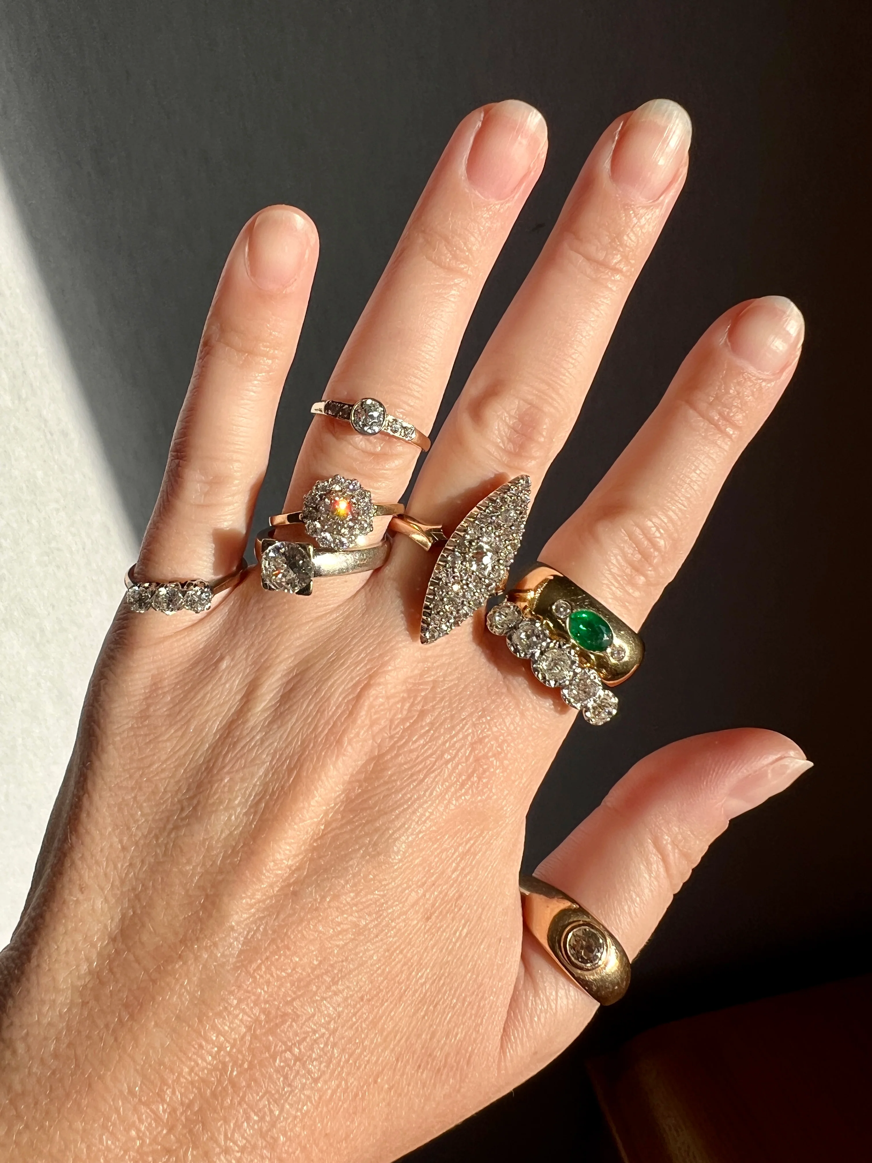 HEAVY Green EMERALD Diamond Vintage Three Stone Gypsy Ring French 18k Gold Chunky Wide Square Band Natural Unisex - Image 11