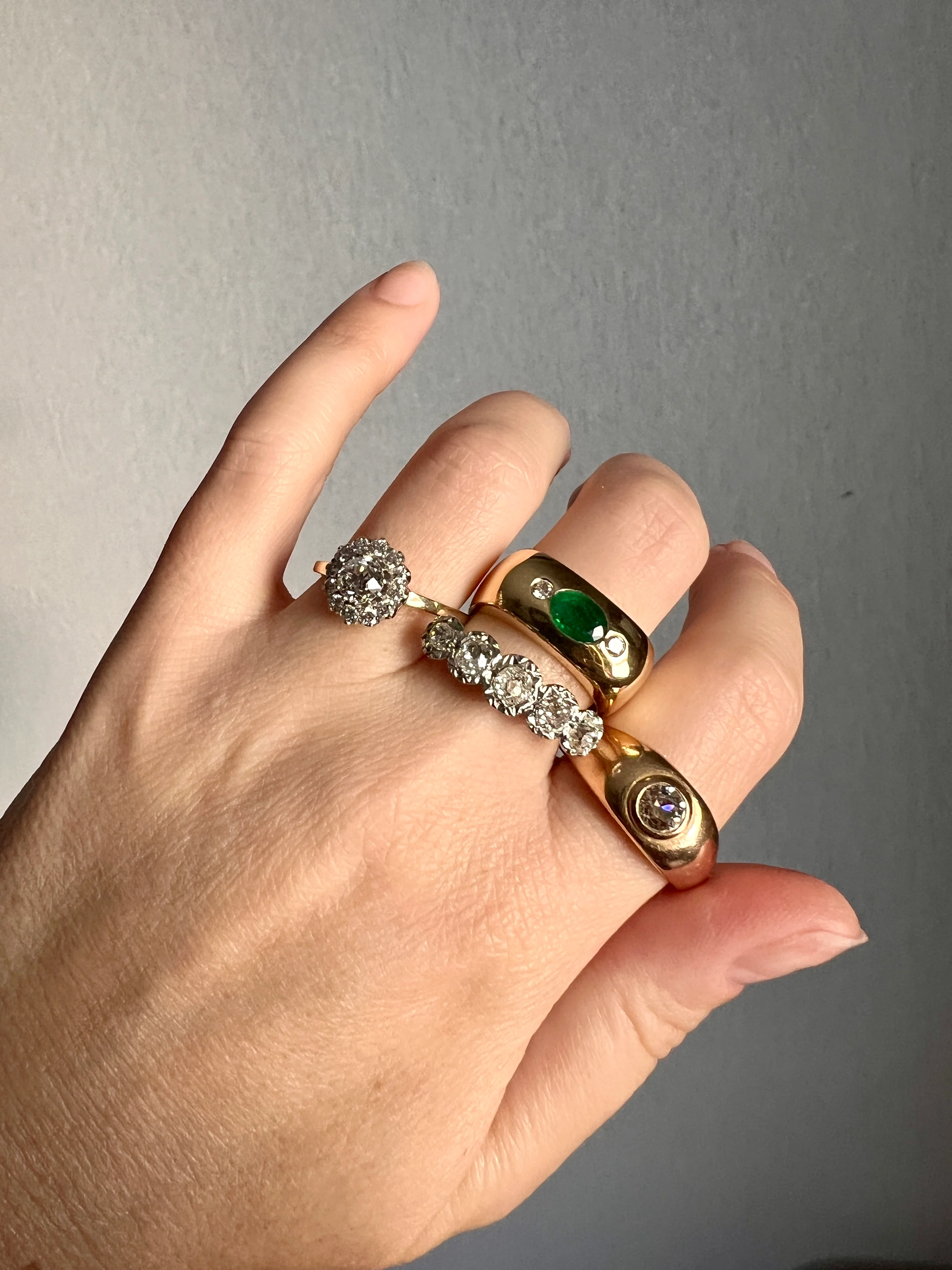 HEAVY Green EMERALD Diamond Vintage Three Stone Gypsy Ring French 18k Gold Chunky Wide Square Band Natural Unisex - Image 12