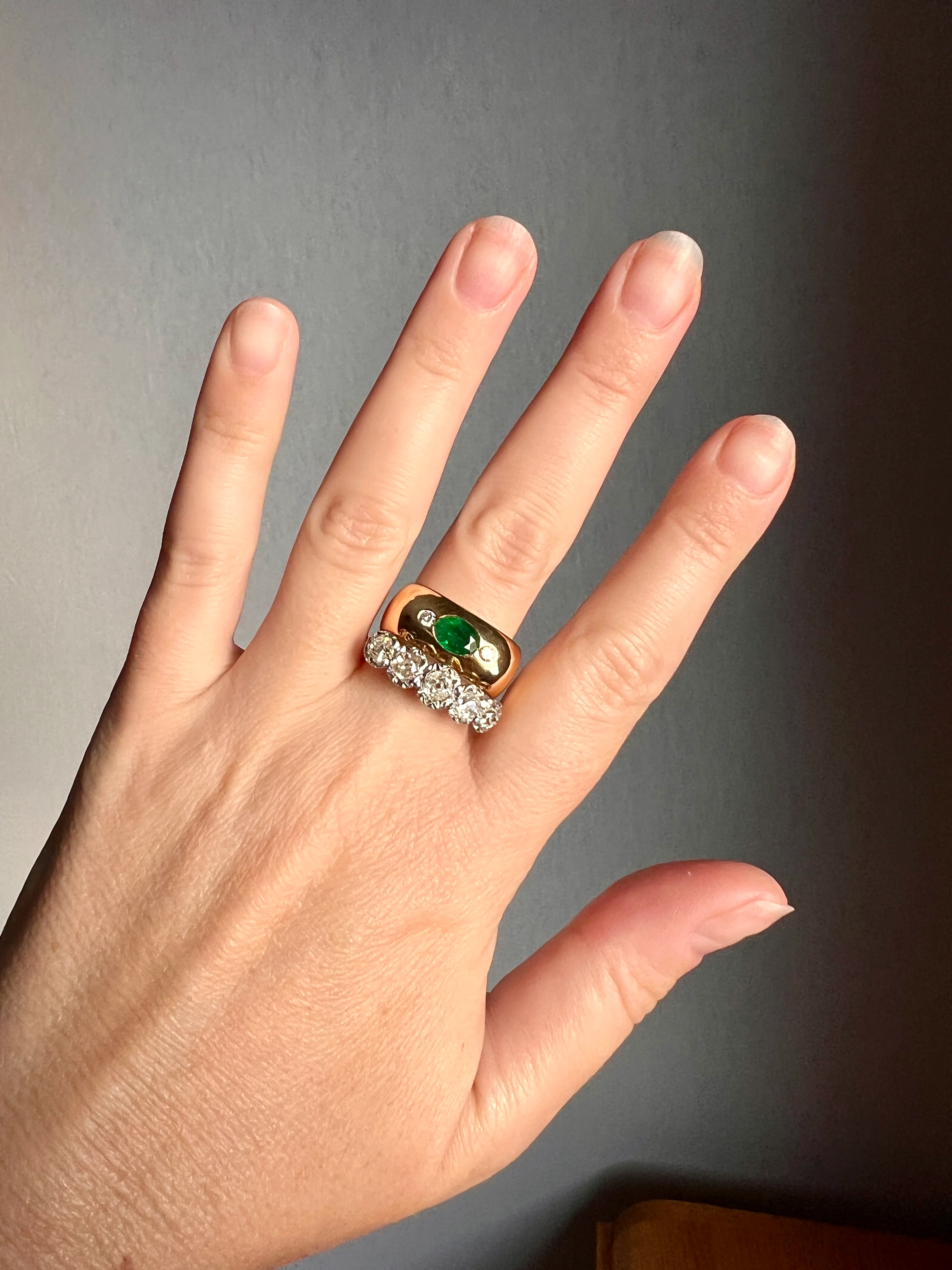 HEAVY Green EMERALD Diamond Vintage Three Stone Gypsy Ring French 18k Gold Chunky Wide Square Band Natural Unisex - Image 13
