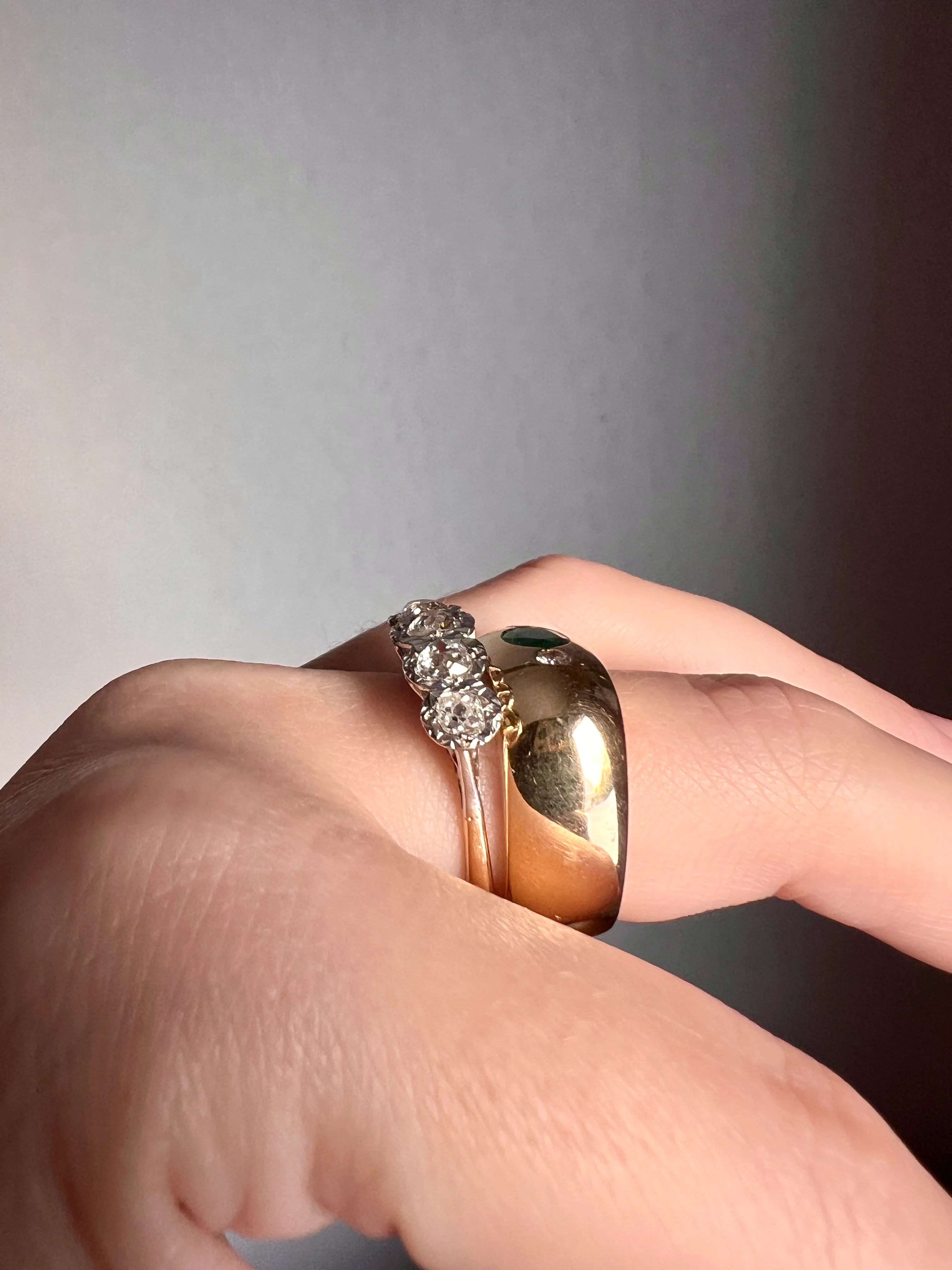 HEAVY Green EMERALD Diamond Vintage Three Stone Gypsy Ring French 18k Gold Chunky Wide Square Band Natural Unisex - Image 14