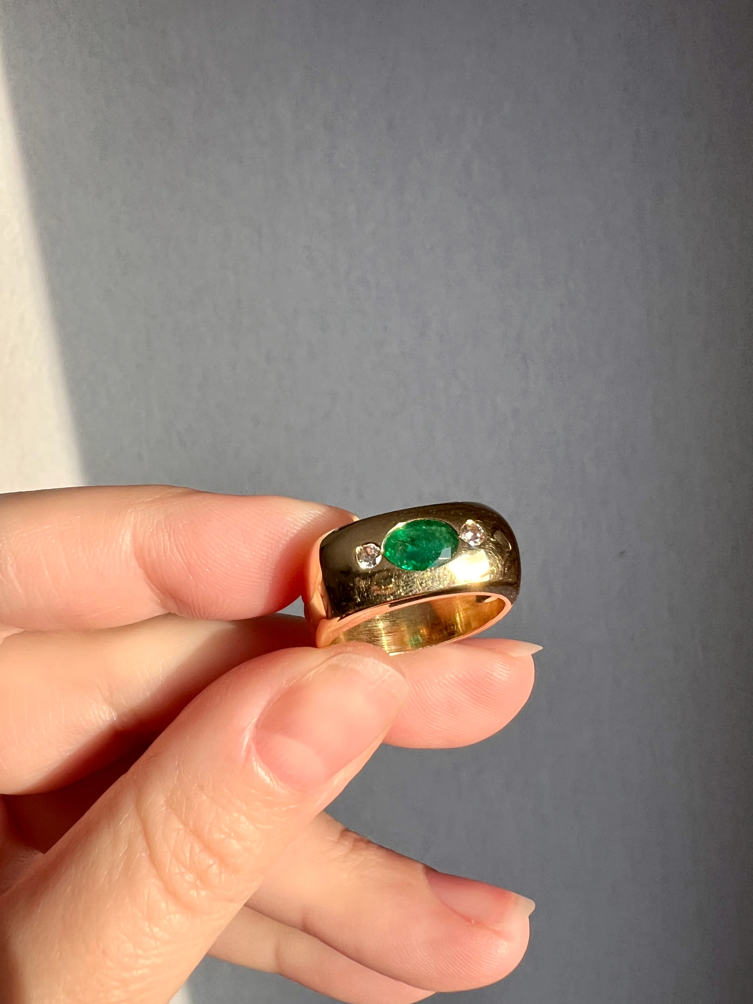 HEAVY Green EMERALD Diamond Vintage Three Stone Gypsy Ring French 18k Gold Chunky Wide Square Band Natural Unisex - Image 15