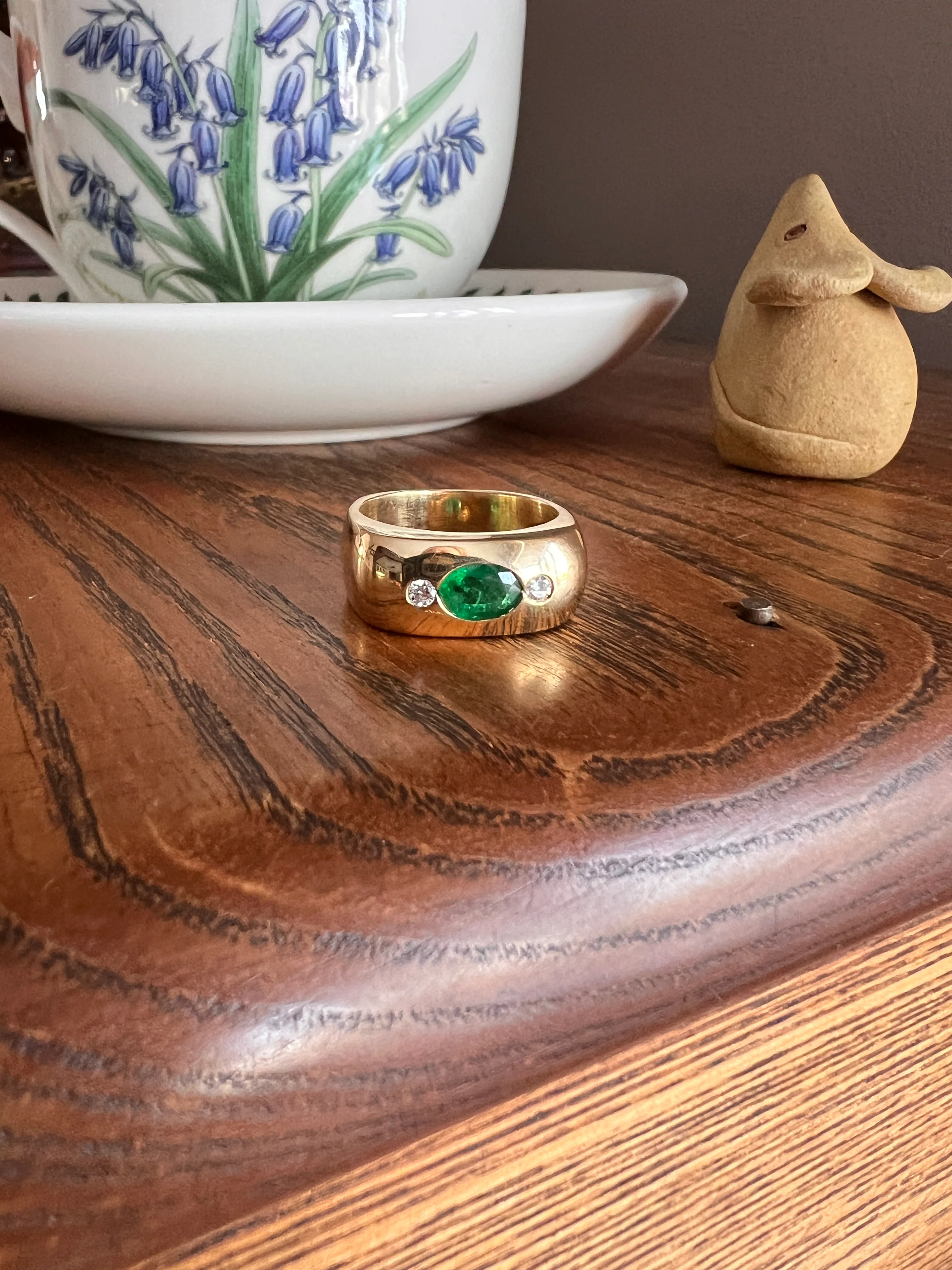 HEAVY Green EMERALD Diamond Vintage Three Stone Gypsy Ring French 18k Gold Chunky Wide Square Band Natural Unisex - Image 20