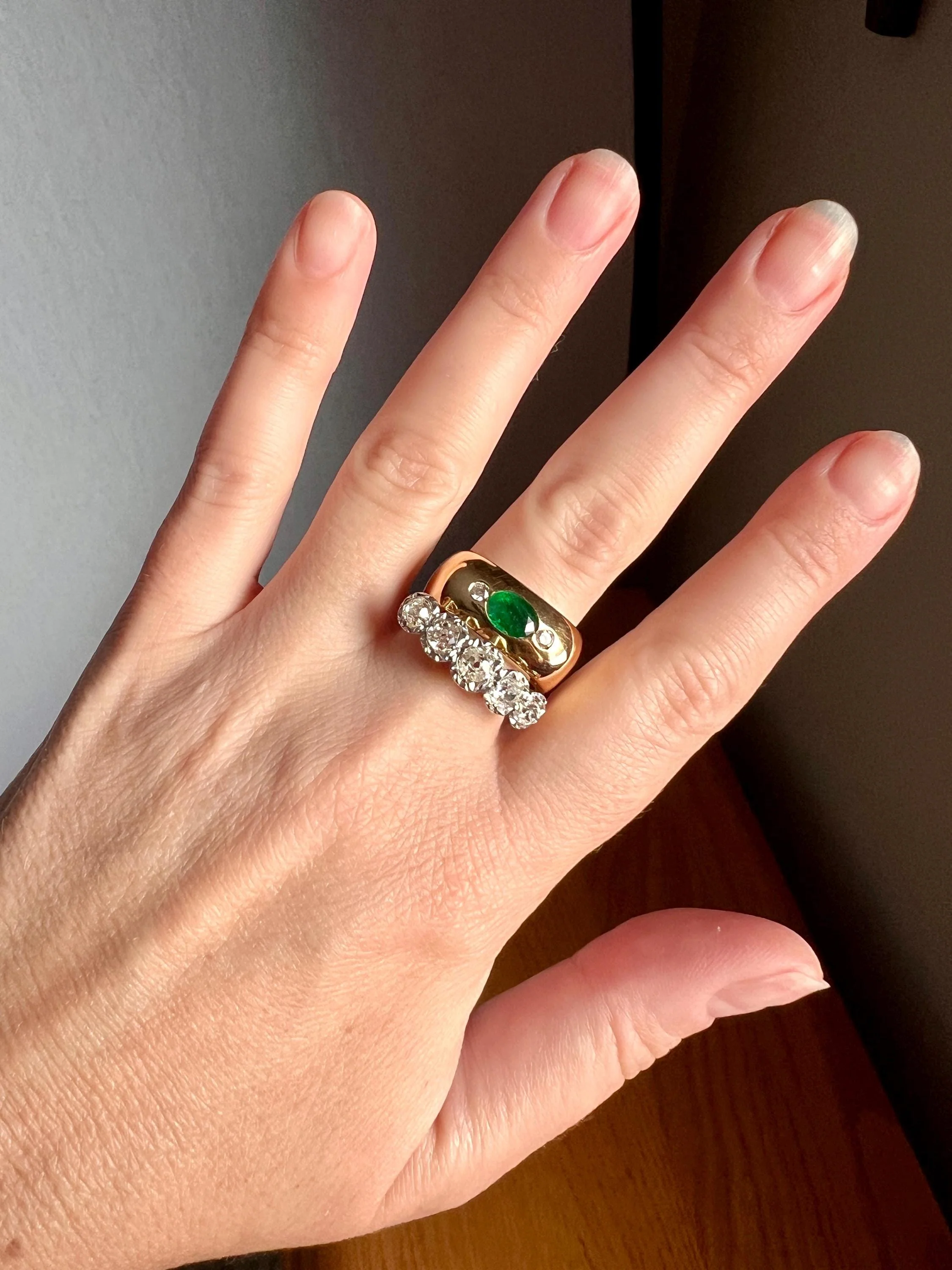 HEAVY Green EMERALD Diamond Vintage Three Stone Gypsy Ring French 18k Gold Chunky Wide Square Band Natural Unisex - Image 3