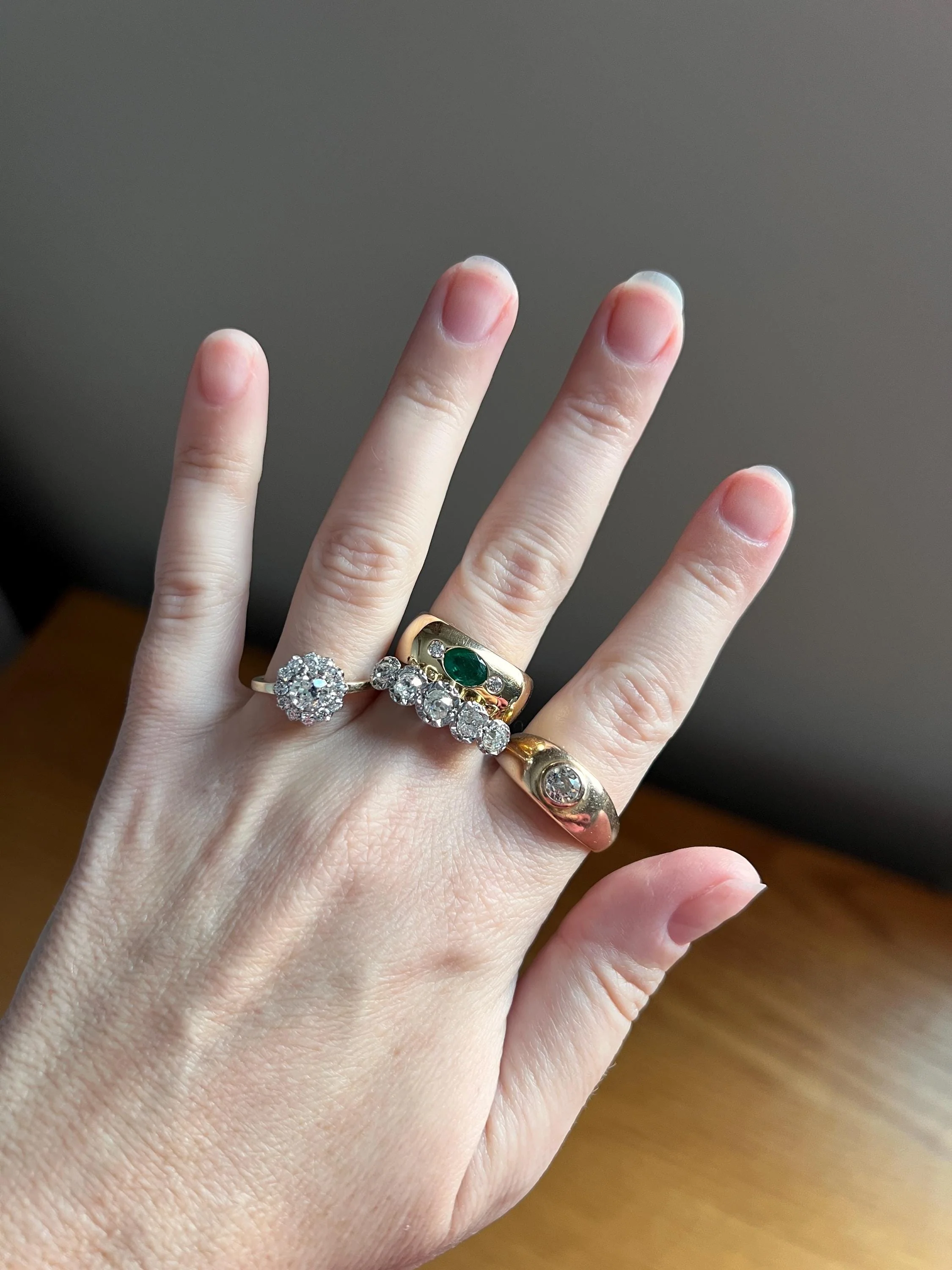 HEAVY Green EMERALD Diamond Vintage Three Stone Gypsy Ring French 18k Gold Chunky Wide Square Band Natural Unisex - Image 9