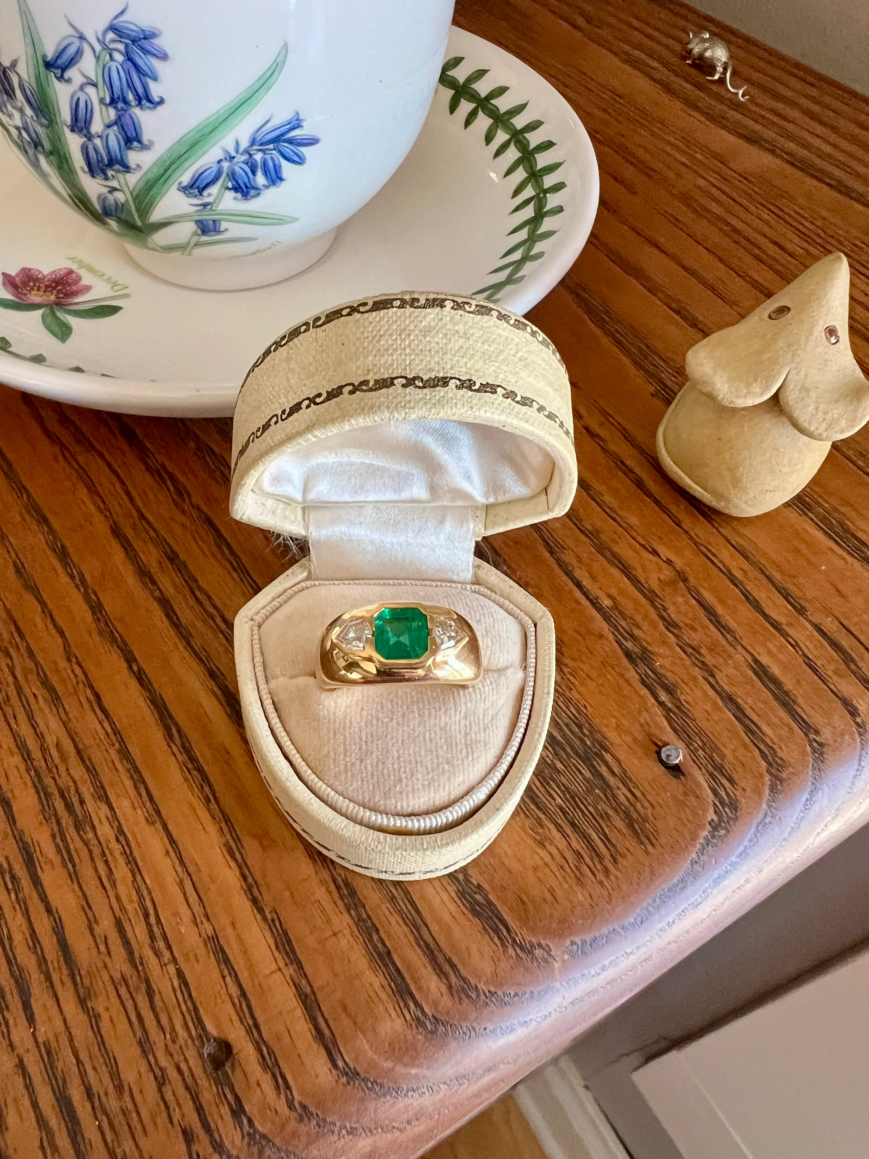HEXAGON SHIELD Diamond Green EMERALD Chunky Vintage Three Stone Gypsy Ring French 18k Gold Wide Band Natural Heavy - Image 15