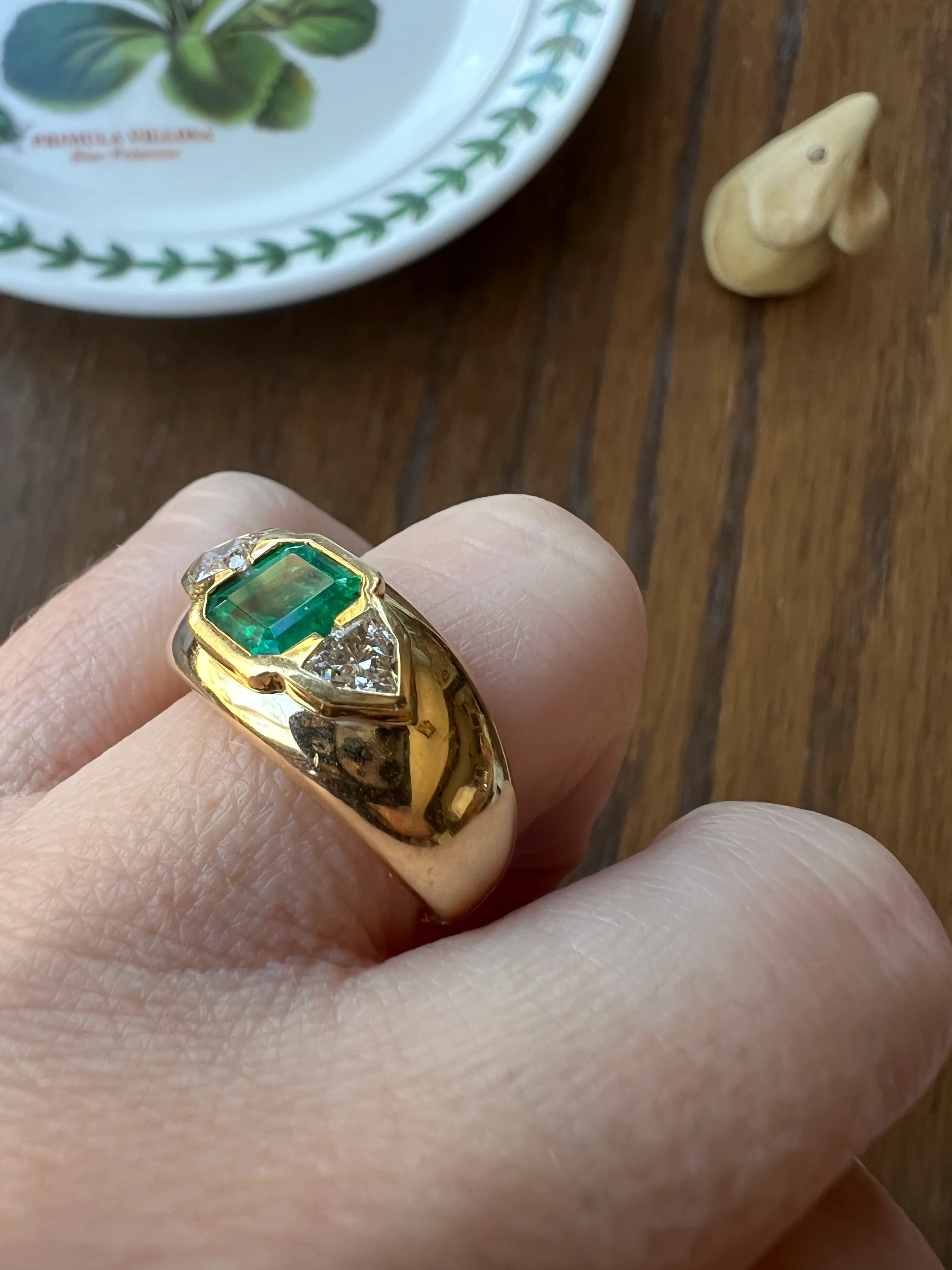 HEXAGON SHIELD Diamond Green EMERALD Chunky Vintage Three Stone Gypsy Ring French 18k Gold Wide Band Natural Heavy - Image 17