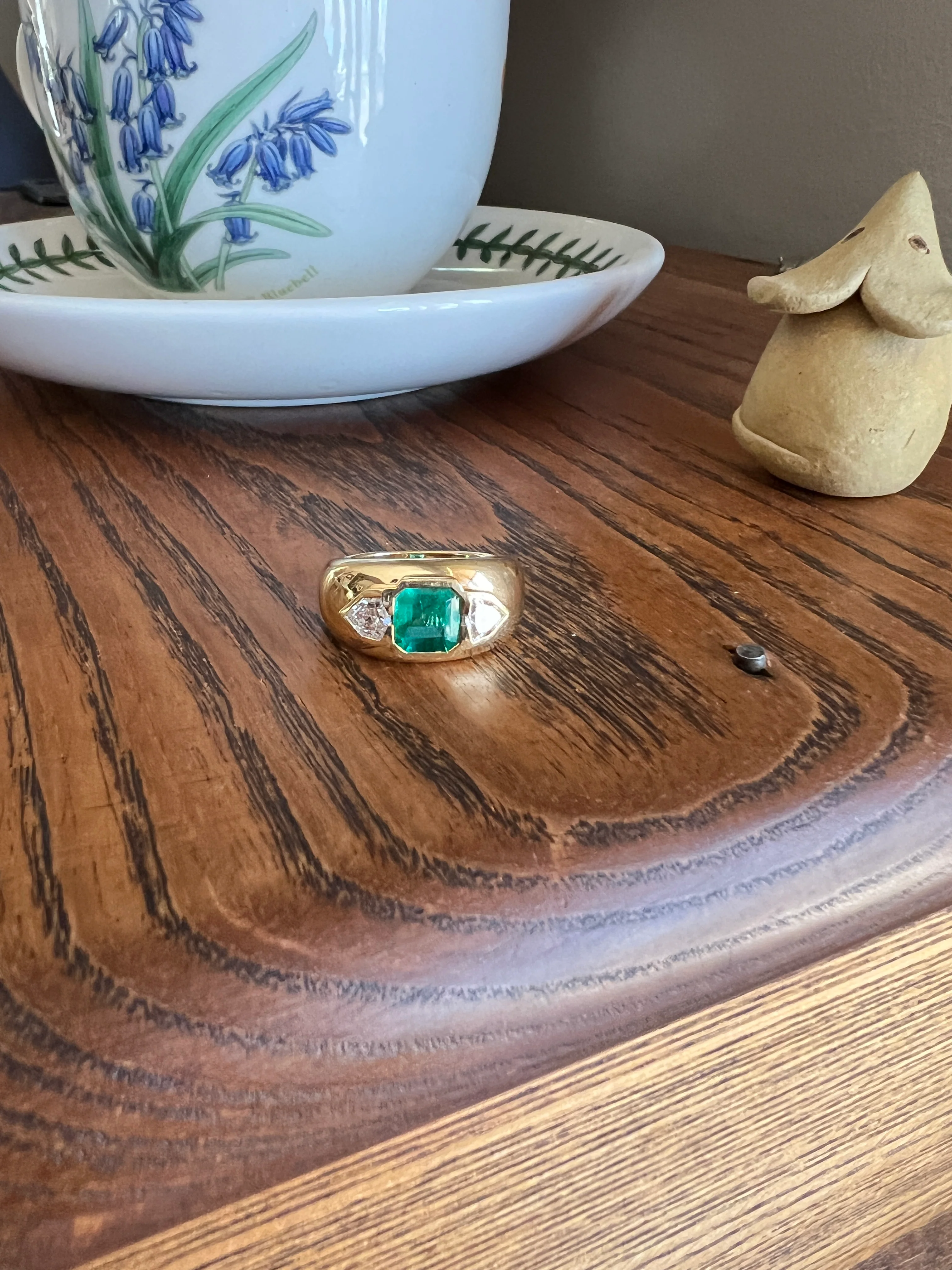 HEXAGON SHIELD Diamond Green EMERALD Chunky Vintage Three Stone Gypsy Ring French 18k Gold Wide Band Natural Heavy - Image 19