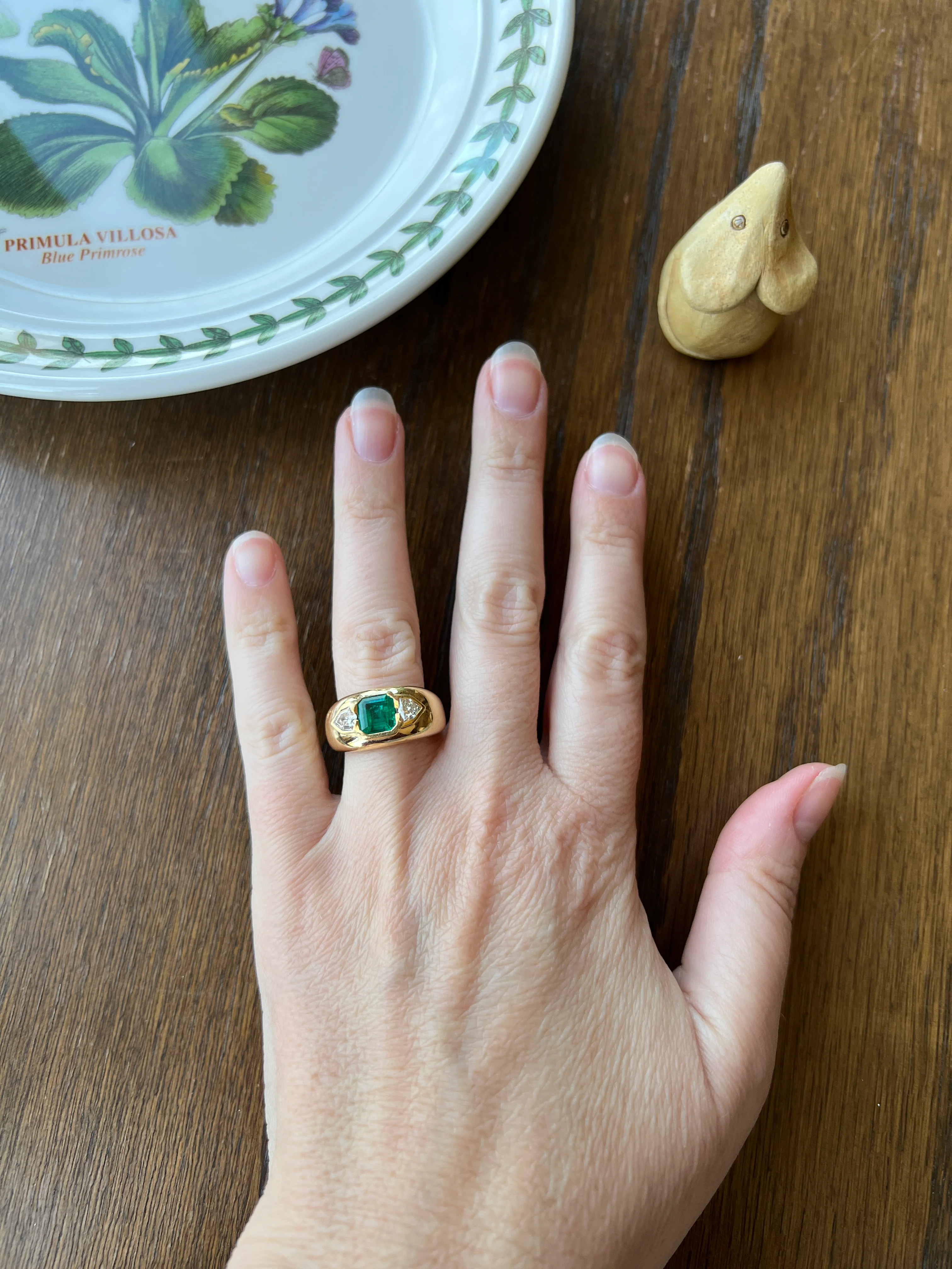 HEXAGON SHIELD Diamond Green EMERALD Chunky Vintage Three Stone Gypsy Ring French 18k Gold Wide Band Natural Heavy - Image 20