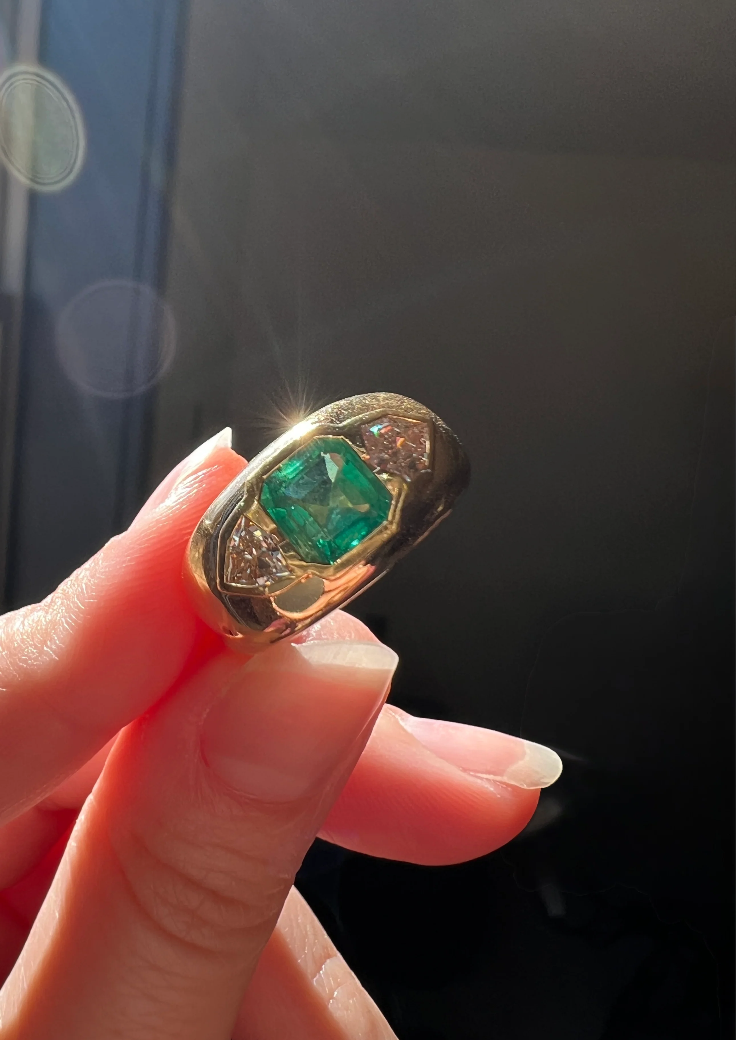 HEXAGON SHIELD Diamond Green EMERALD Chunky Vintage Three Stone Gypsy Ring French 18k Gold Wide Band Natural Heavy - Image 21