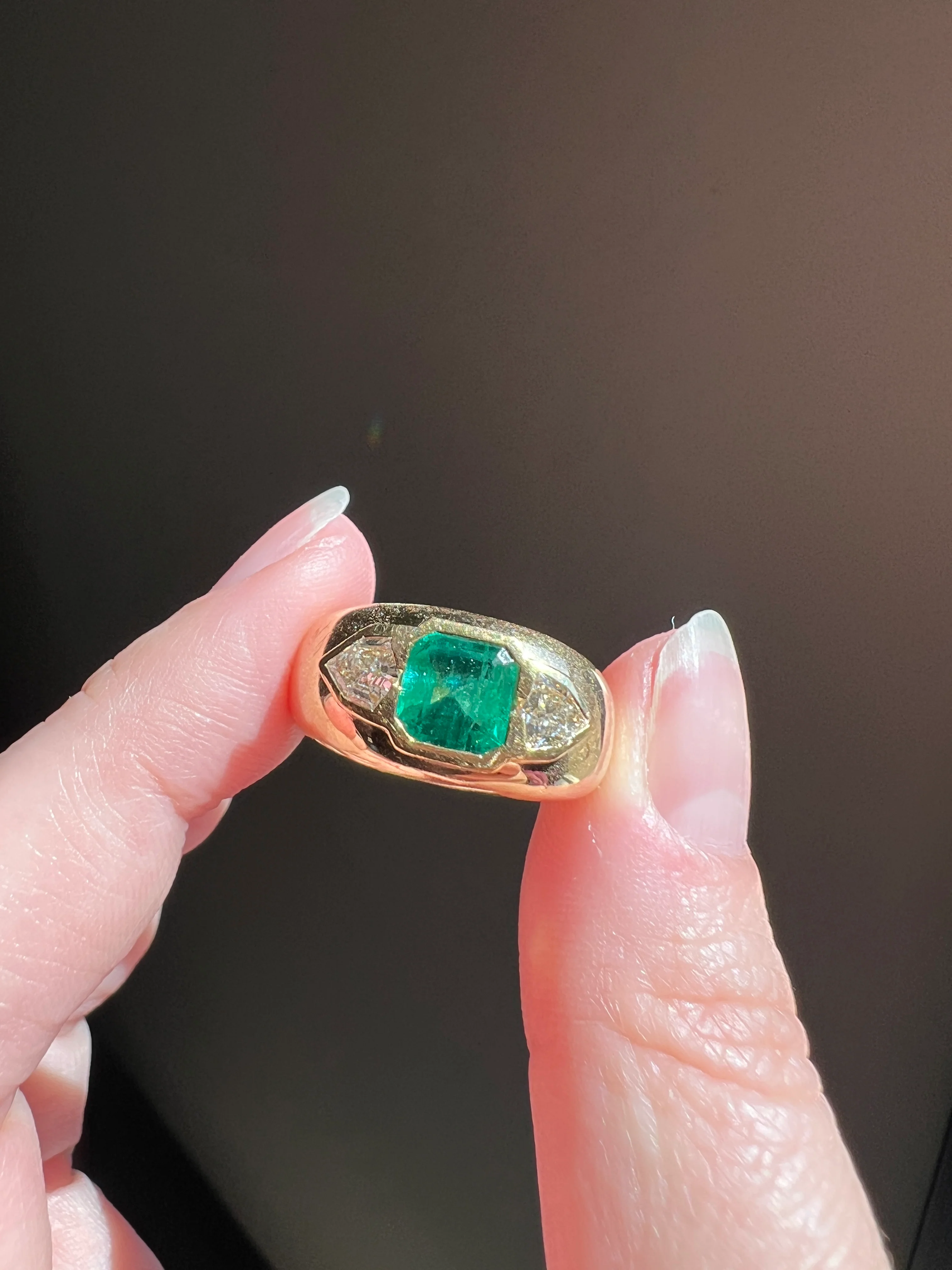HEXAGON SHIELD Diamond Green EMERALD Chunky Vintage Three Stone Gypsy Ring French 18k Gold Wide Band Natural Heavy - Image 22