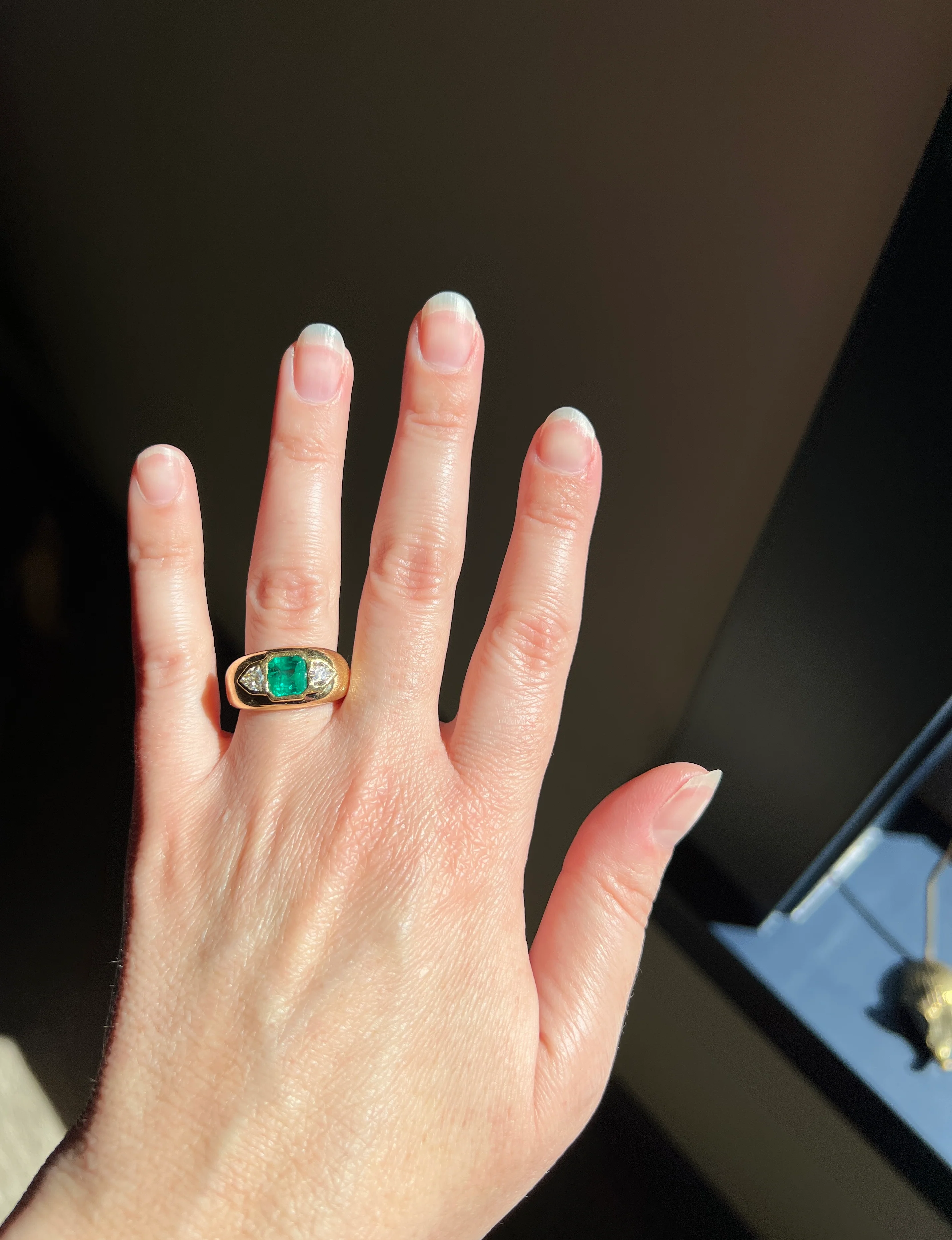 HEXAGON SHIELD Diamond Green EMERALD Chunky Vintage Three Stone Gypsy Ring French 18k Gold Wide Band Natural Heavy - Image 24