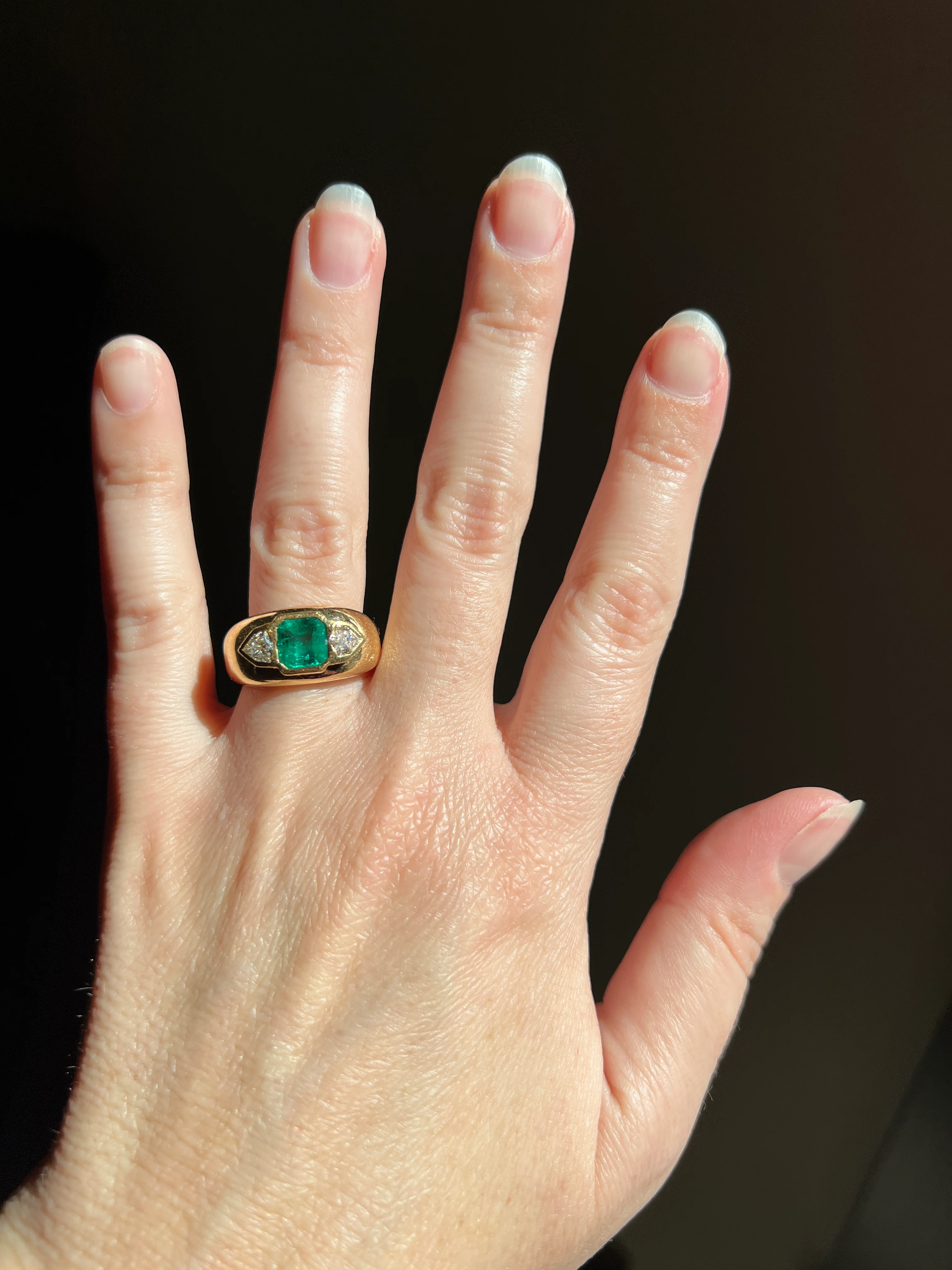 HEXAGON SHIELD Diamond Green EMERALD Chunky Vintage Three Stone Gypsy Ring French 18k Gold Wide Band Natural Heavy - Image 27