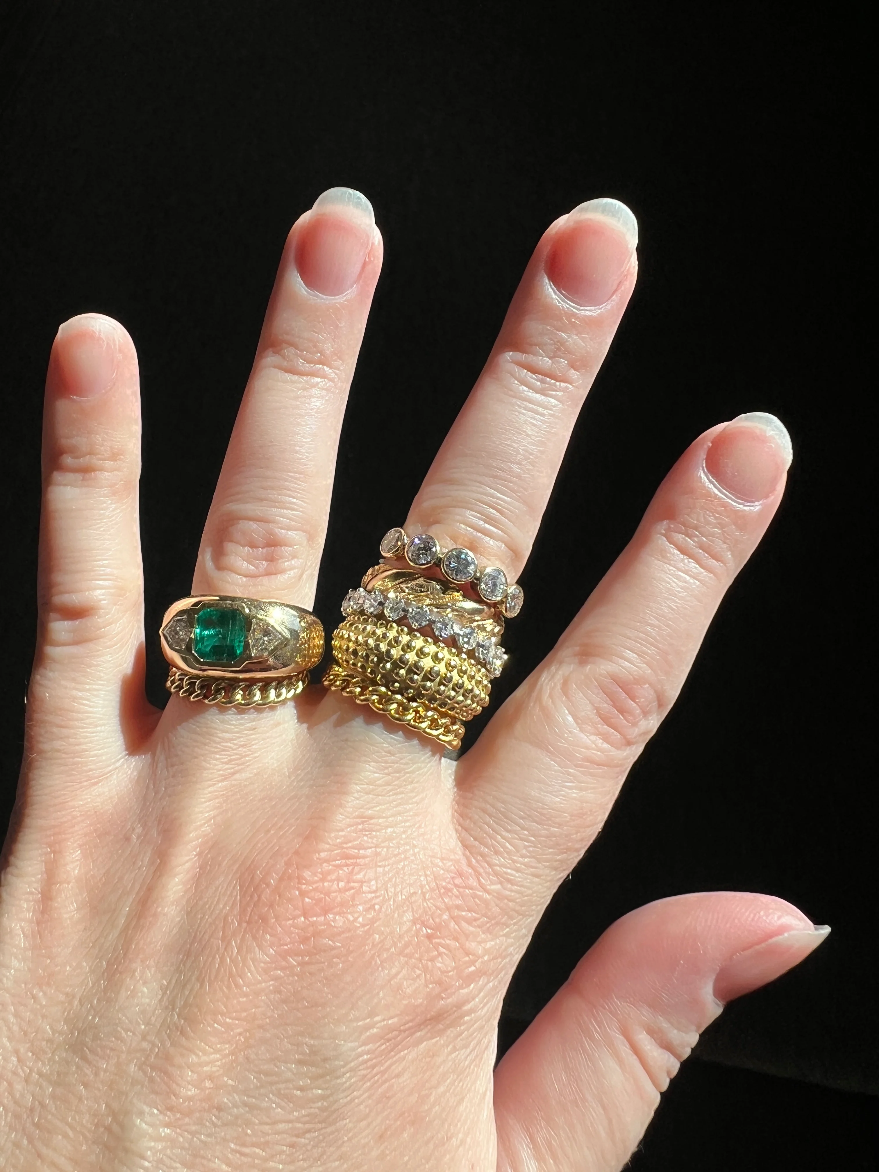 HEXAGON SHIELD Diamond Green EMERALD Chunky Vintage Three Stone Gypsy Ring French 18k Gold Wide Band Natural Heavy - Image 30