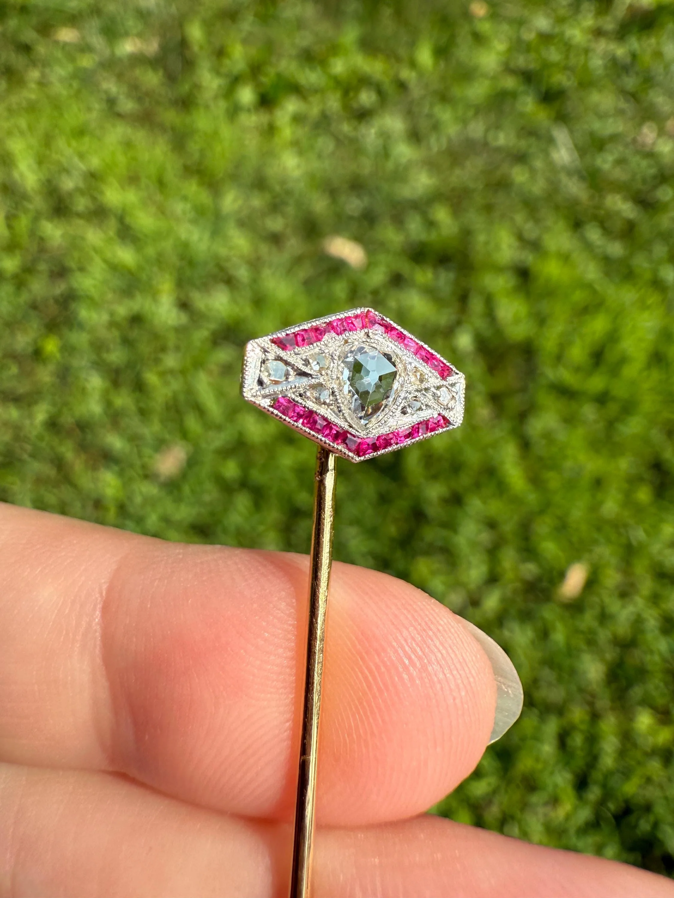 Hexagon SHIELD Ruby Eye Clean PEAR Rose Cut DIAMOND Stick Pin for Ring Pendant Bracelet Conversion French Antique 18k Gold Art Deco Charm - Image 11
