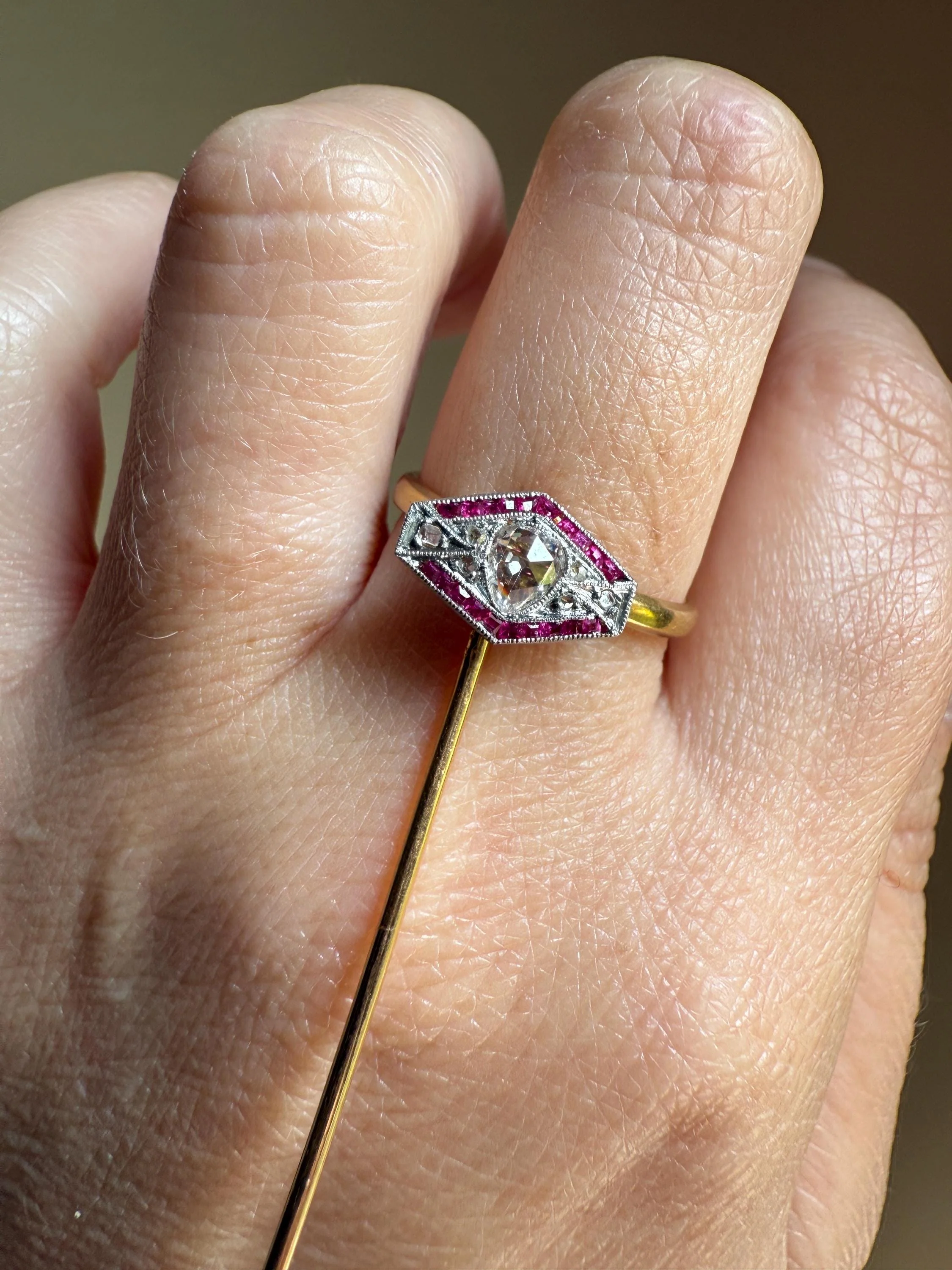 Hexagon SHIELD Ruby Eye Clean PEAR Rose Cut DIAMOND Stick Pin for Ring Pendant Bracelet Conversion French Antique 18k Gold Art Deco Charm - Image 3