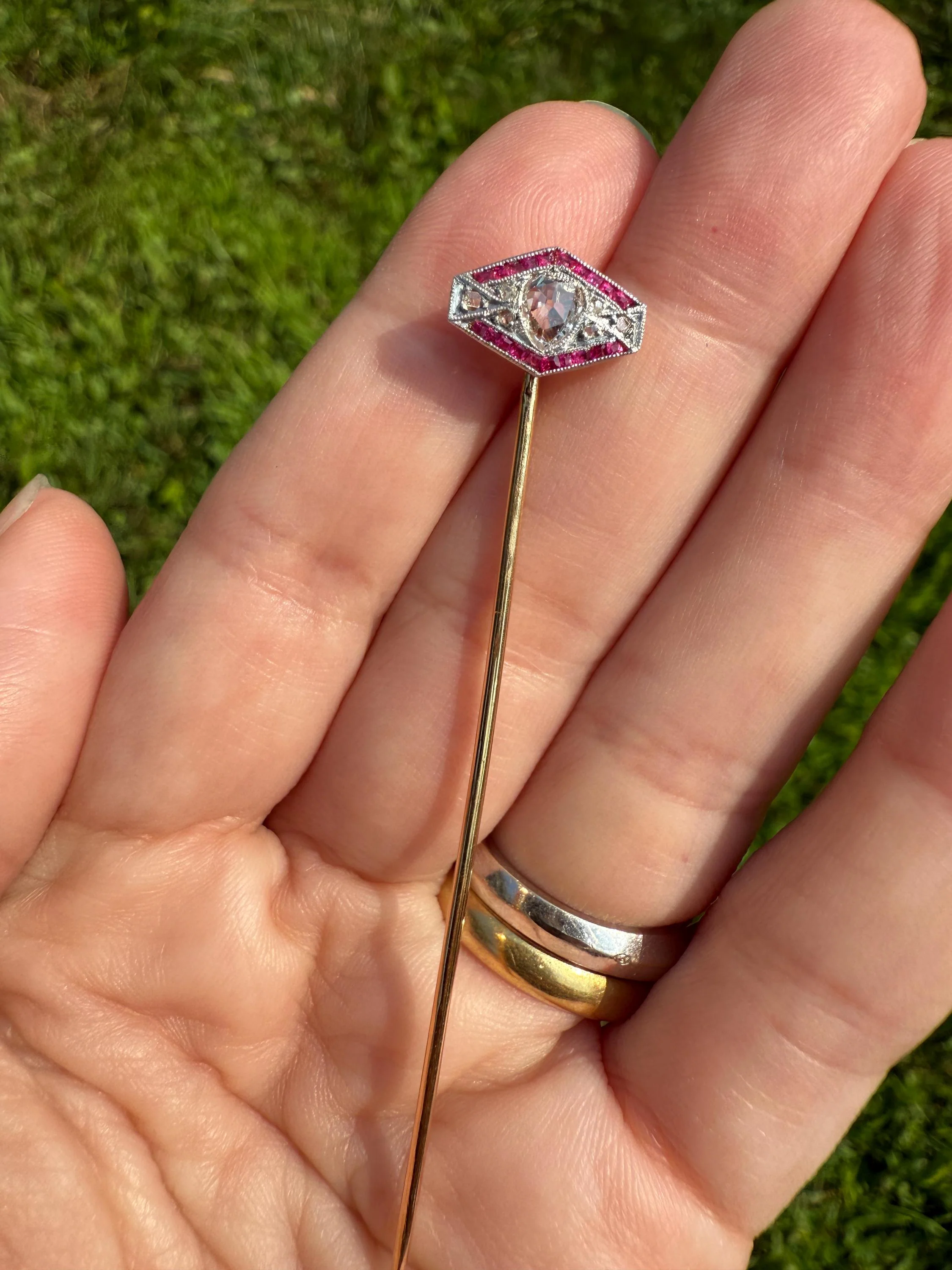 Hexagon SHIELD Ruby Eye Clean PEAR Rose Cut DIAMOND Stick Pin for Ring Pendant Bracelet Conversion French Antique 18k Gold Art Deco Charm - Image 6