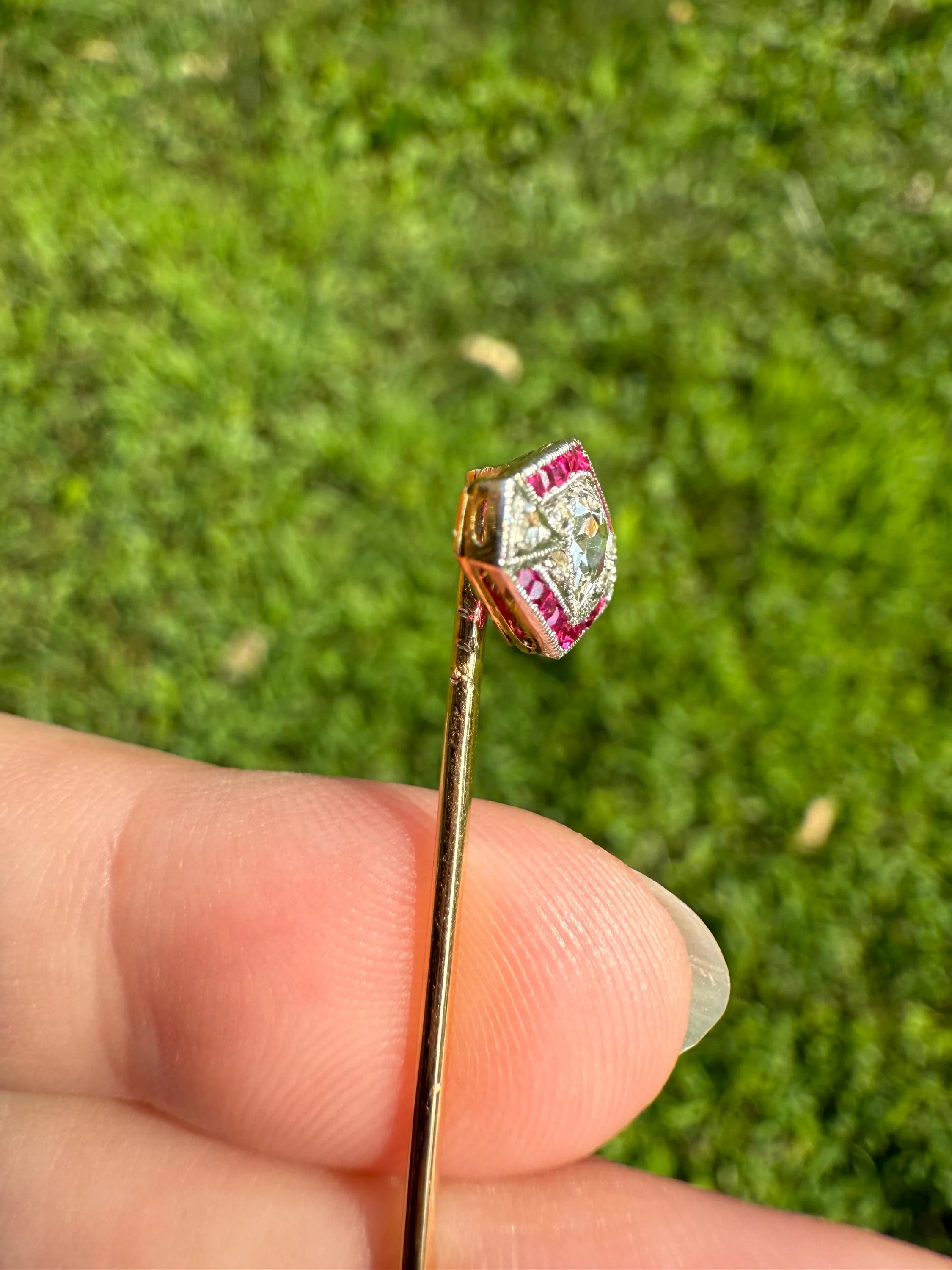 Hexagon SHIELD Ruby Eye Clean PEAR Rose Cut DIAMOND Stick Pin for Ring Pendant Bracelet Conversion French Antique 18k Gold Art Deco Charm - Image 9