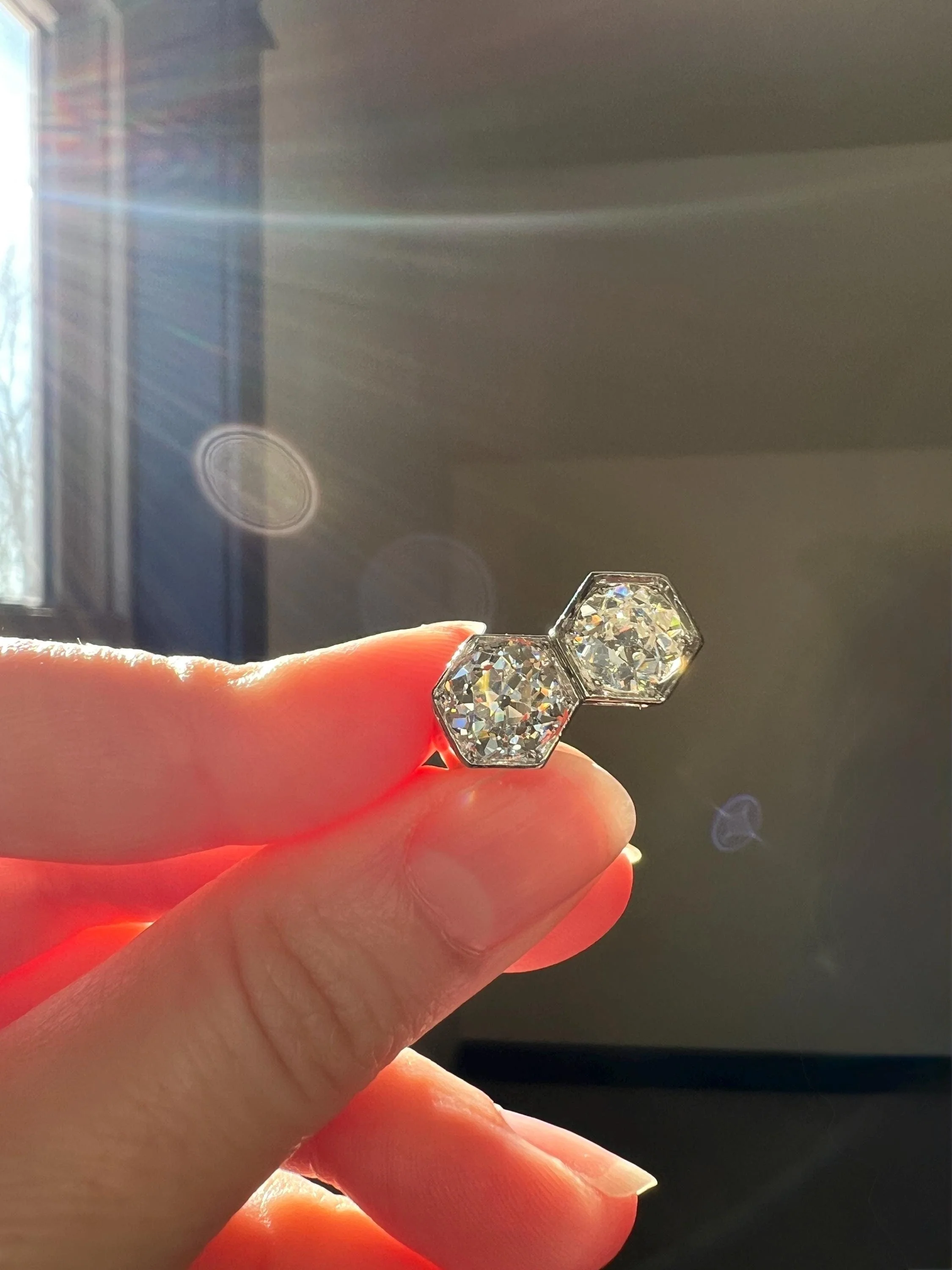 HEXAGON Toi et Moi 3.3 CARAT Eye Clean Old Mine Cut Diamond Two Stone Antique Ring PLATINUM French Geometric Engagement - Image 12