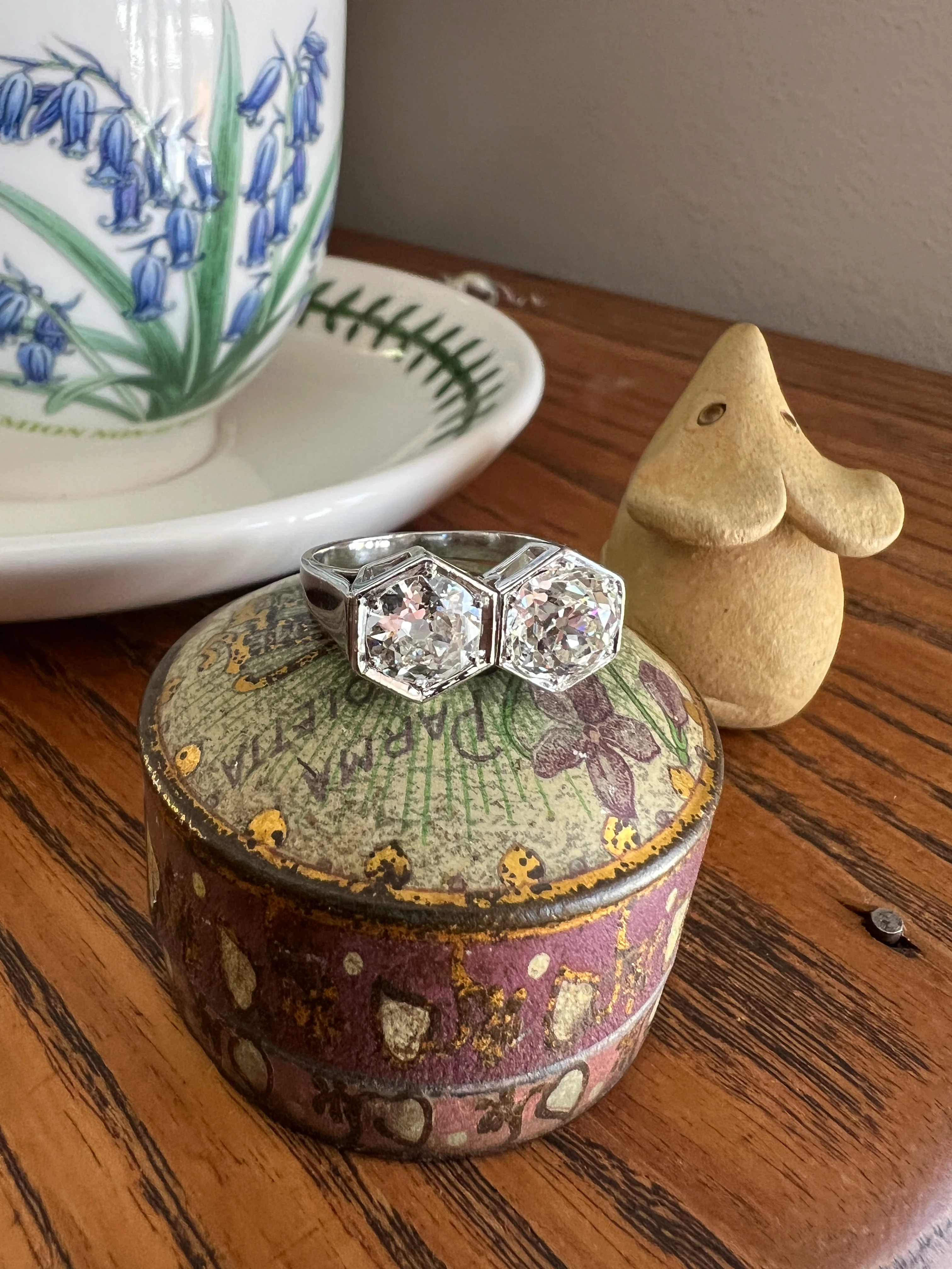 HEXAGON Toi et Moi 3.3 CARAT Eye Clean Old Mine Cut Diamond Two Stone Antique Ring PLATINUM French Geometric Engagement - Image 14