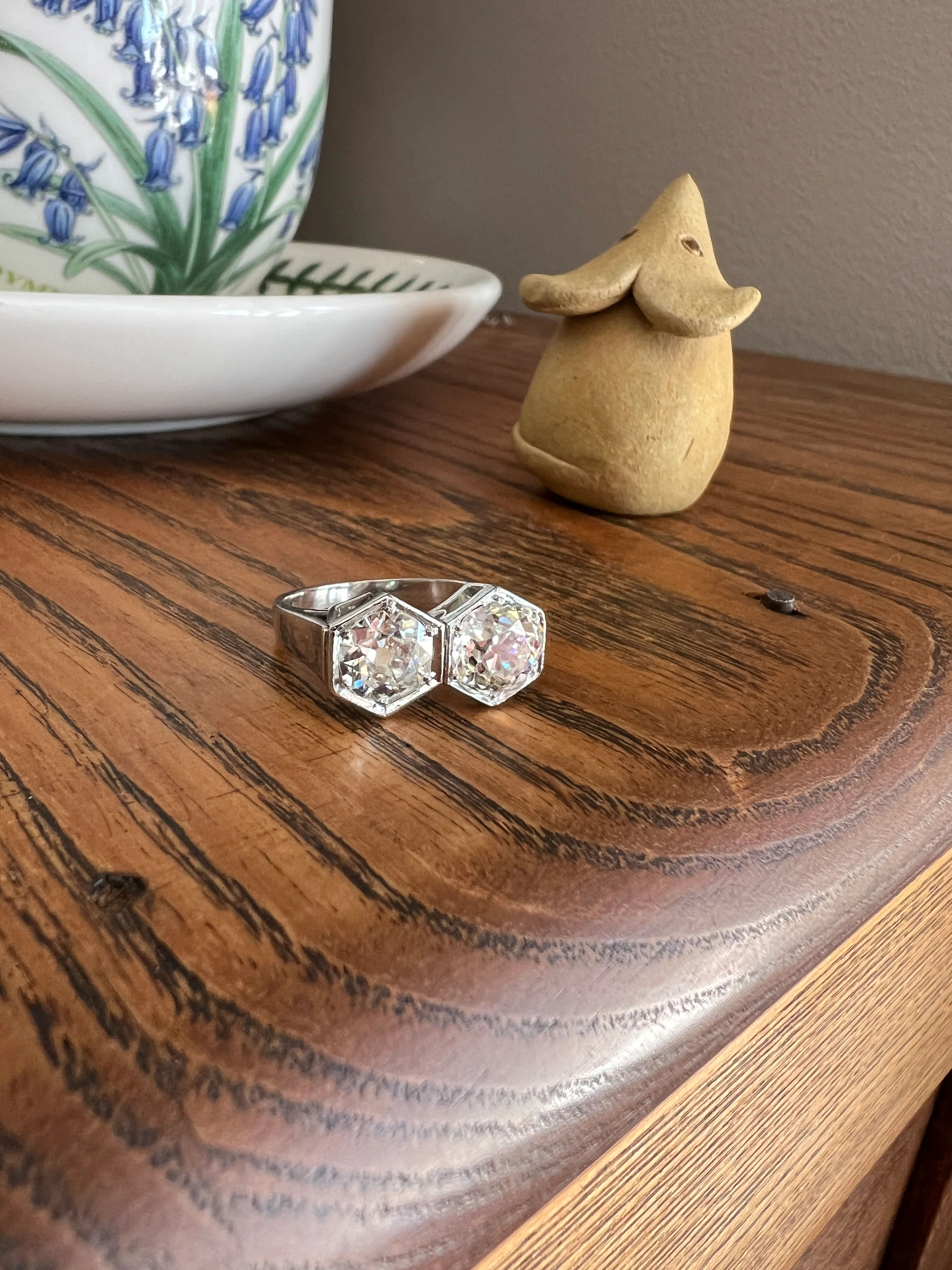 HEXAGON Toi et Moi 3.3 CARAT Eye Clean Old Mine Cut Diamond Two Stone Antique Ring PLATINUM French Geometric Engagement - Image 15