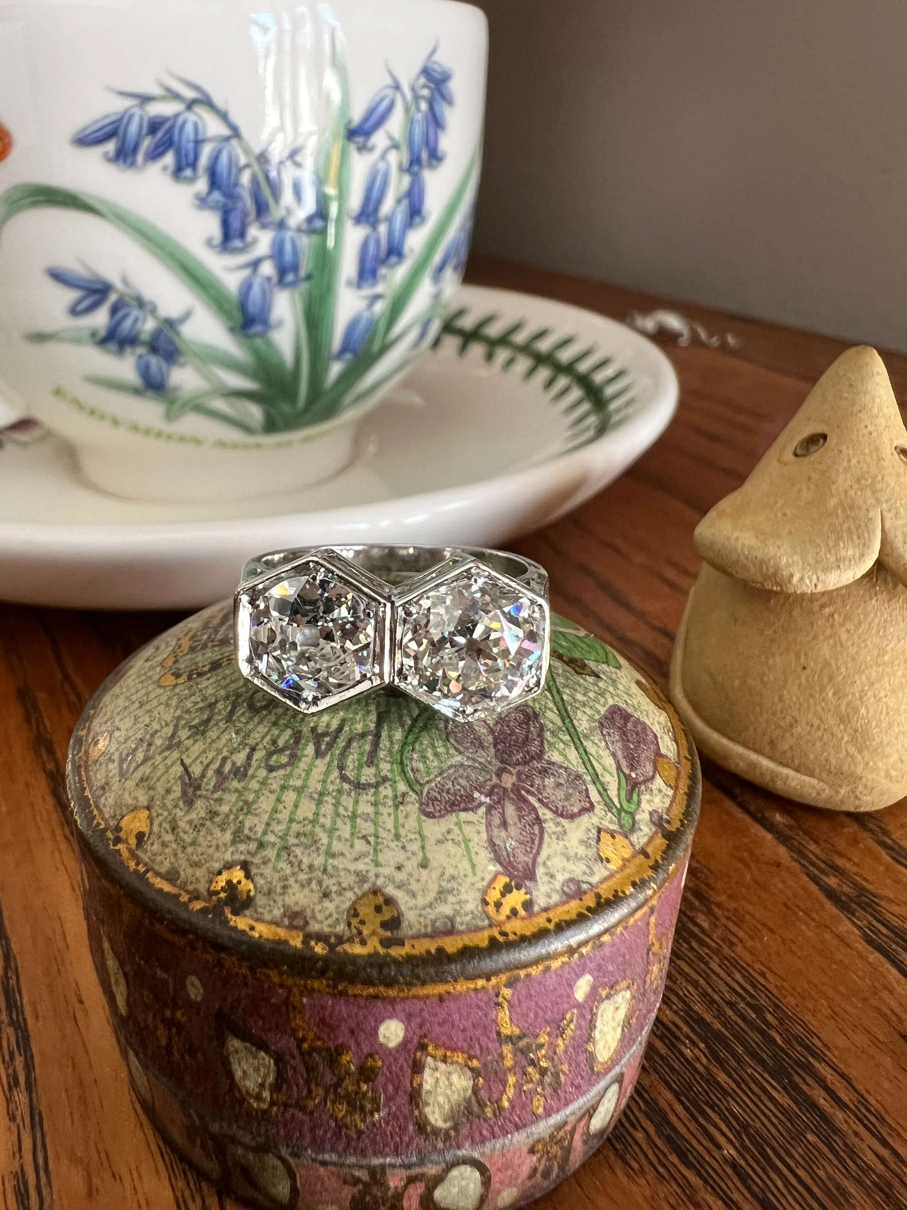 HEXAGON Toi et Moi 3.3 CARAT Eye Clean Old Mine Cut Diamond Two Stone Antique Ring PLATINUM French Geometric Engagement - Image 16