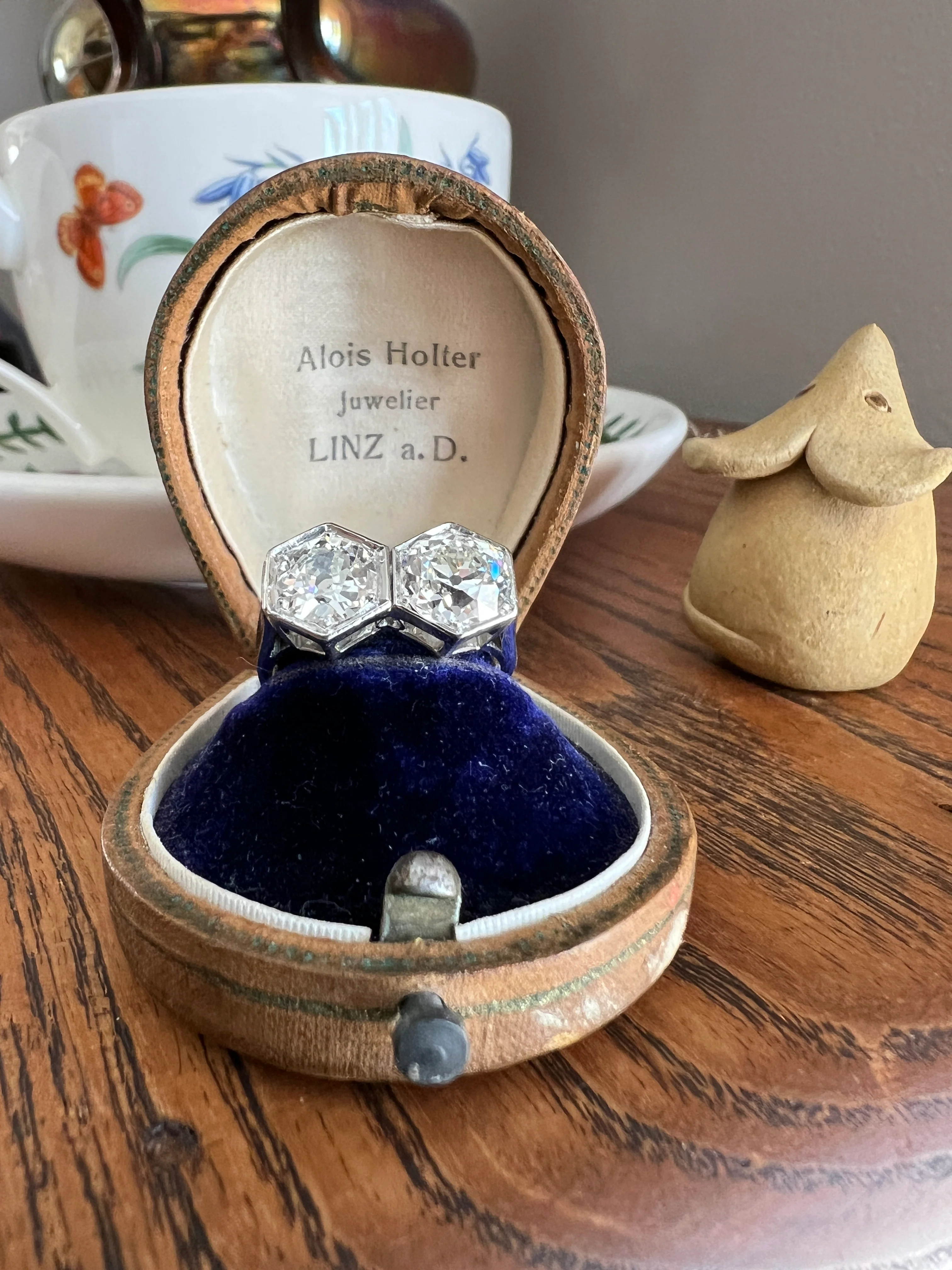 HEXAGON Toi et Moi 3.3 CARAT Eye Clean Old Mine Cut Diamond Two Stone Antique Ring PLATINUM French Geometric Engagement - Image 18