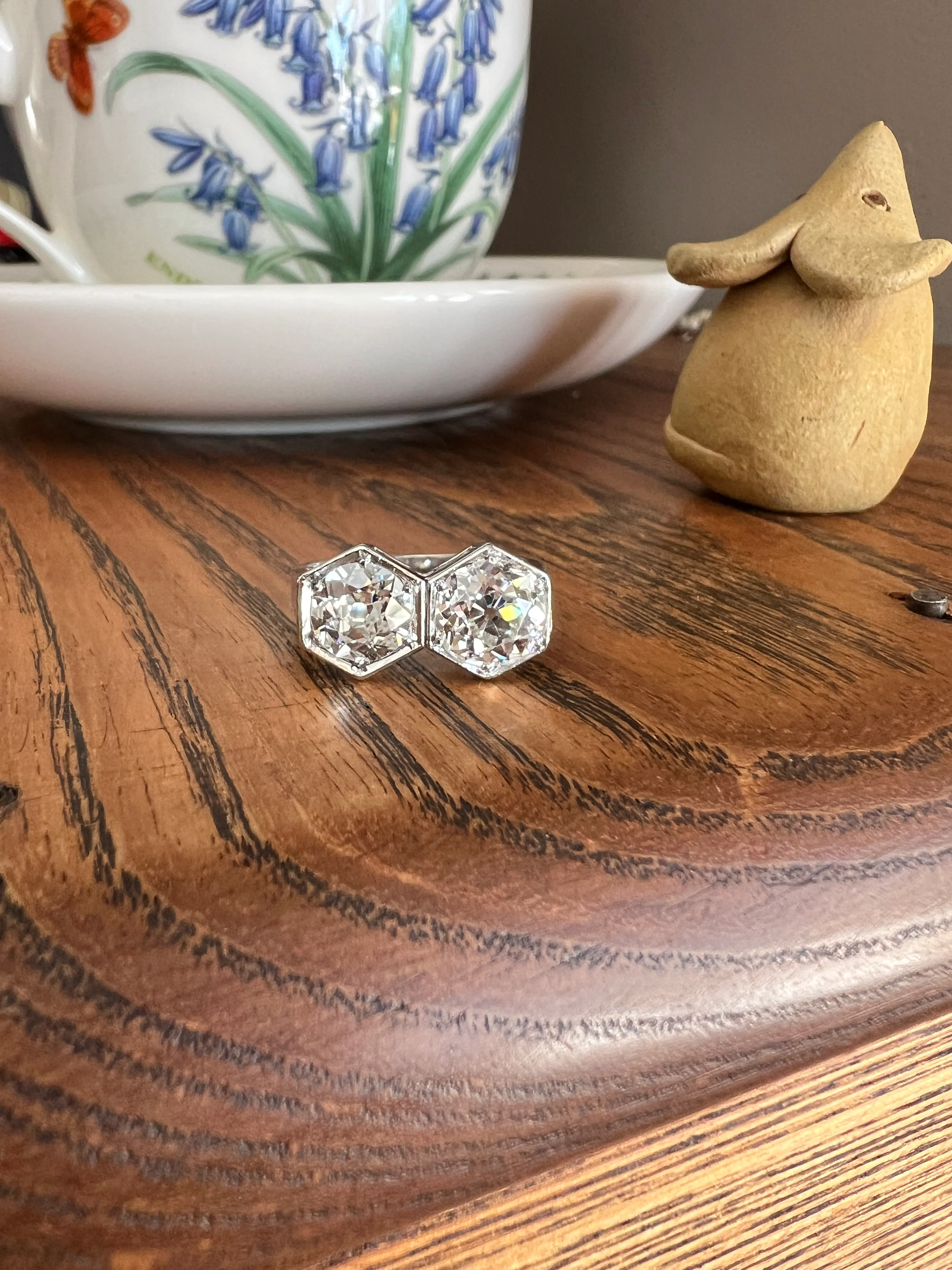 HEXAGON Toi et Moi 3.3 CARAT Eye Clean Old Mine Cut Diamond Two Stone Antique Ring PLATINUM French Geometric Engagement - Image 20