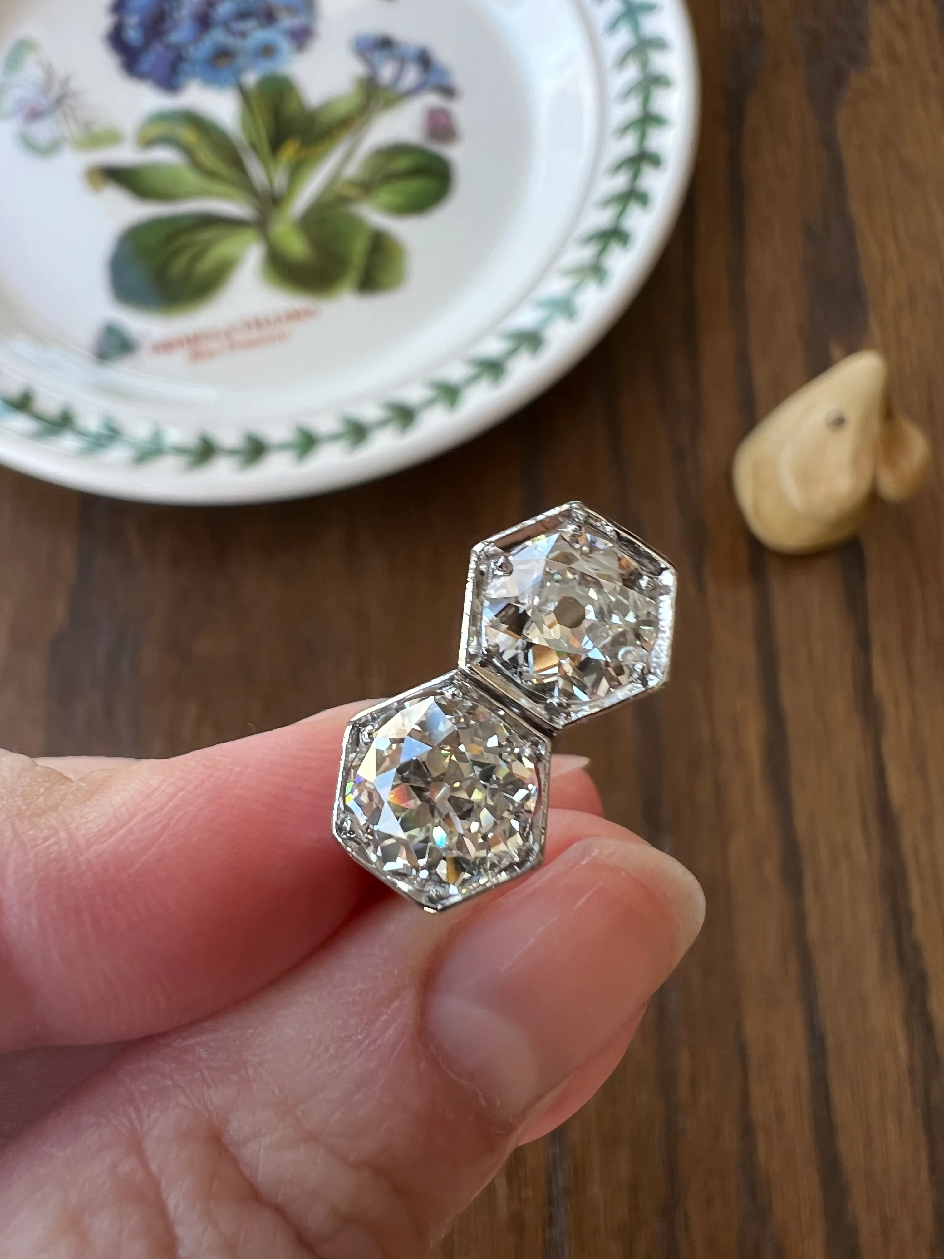 HEXAGON Toi et Moi 3.3 CARAT Eye Clean Old Mine Cut Diamond Two Stone Antique Ring PLATINUM French Geometric Engagement - Image 24