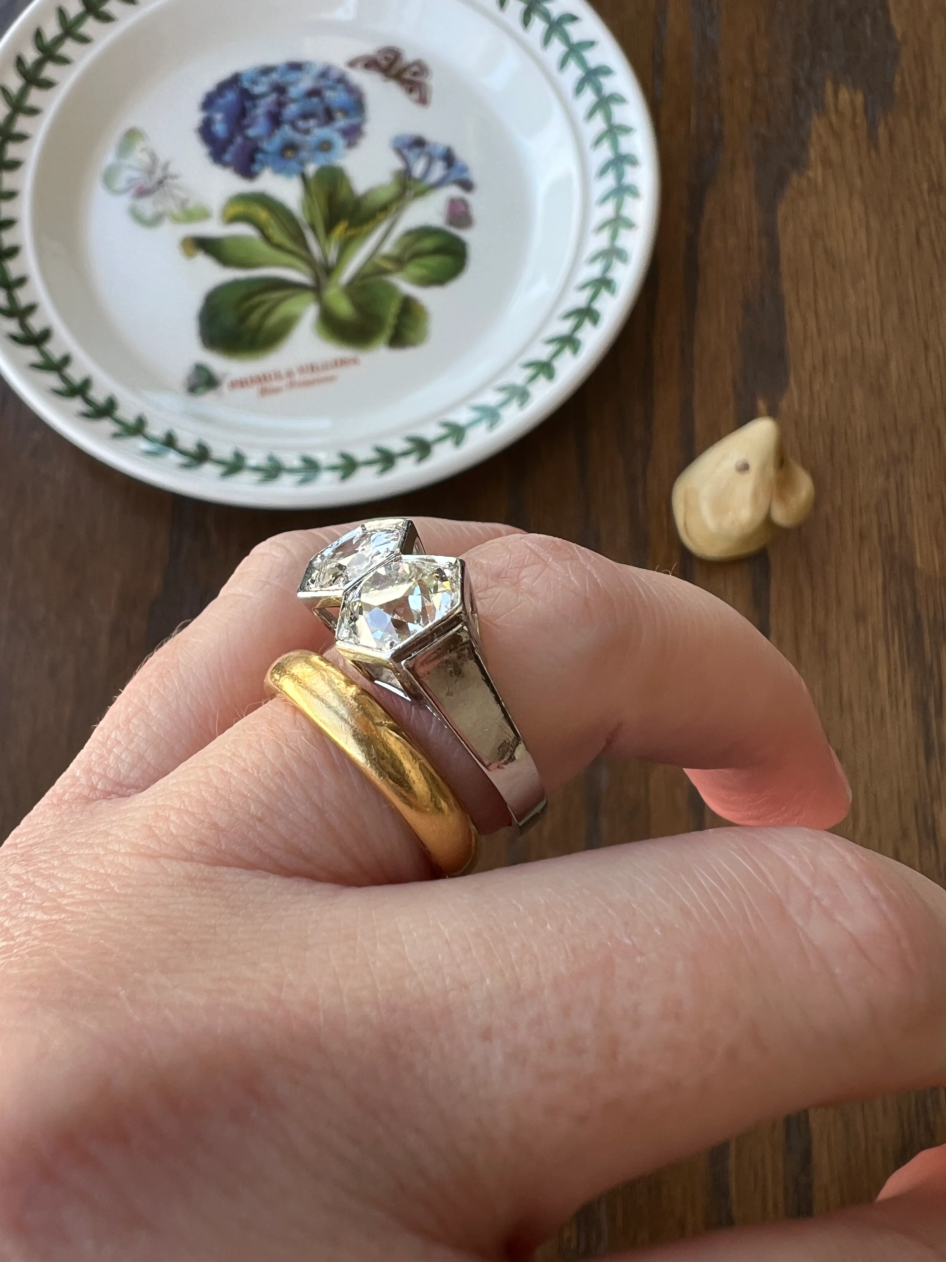 HEXAGON Toi et Moi 3.3 CARAT Eye Clean Old Mine Cut Diamond Two Stone Antique Ring PLATINUM French Geometric Engagement - Image 25