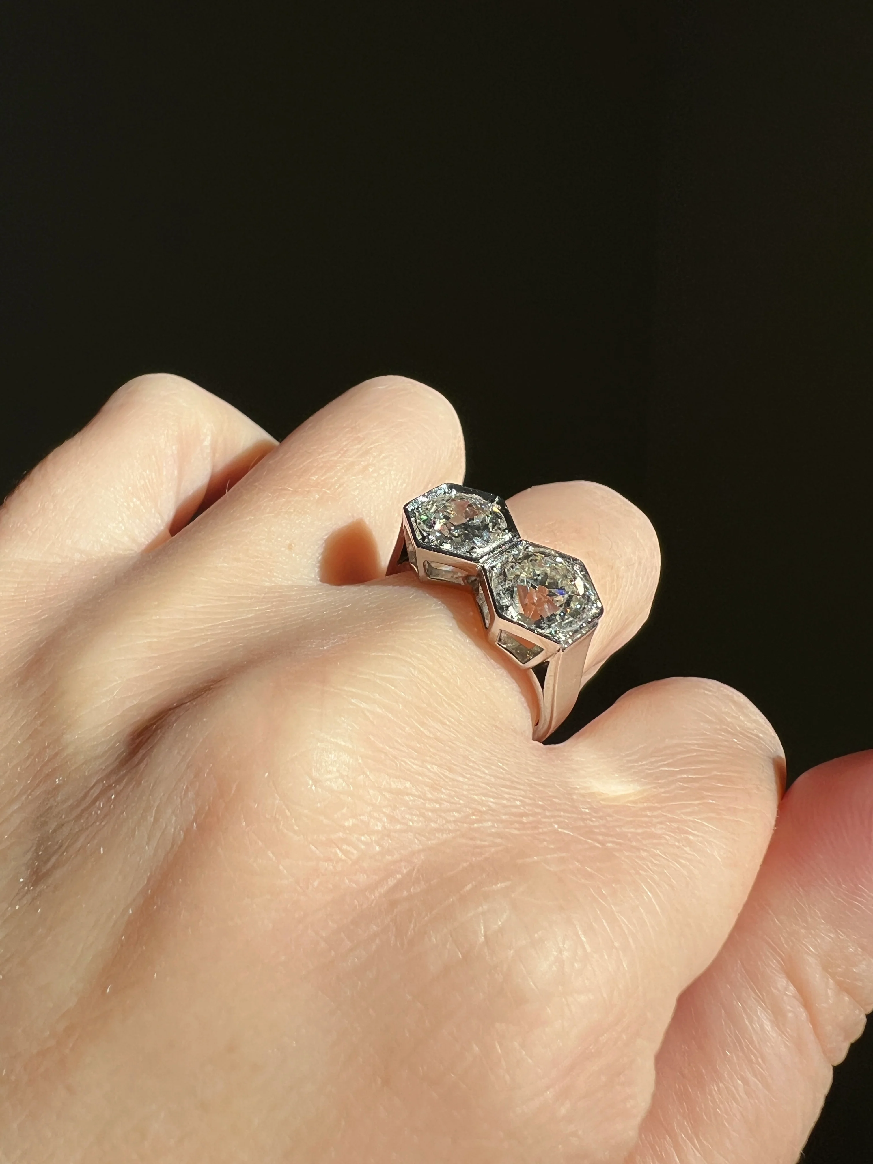 HEXAGON Toi et Moi 3.3 CARAT Eye Clean Old Mine Cut Diamond Two Stone Antique Ring PLATINUM French Geometric Engagement - Image 28