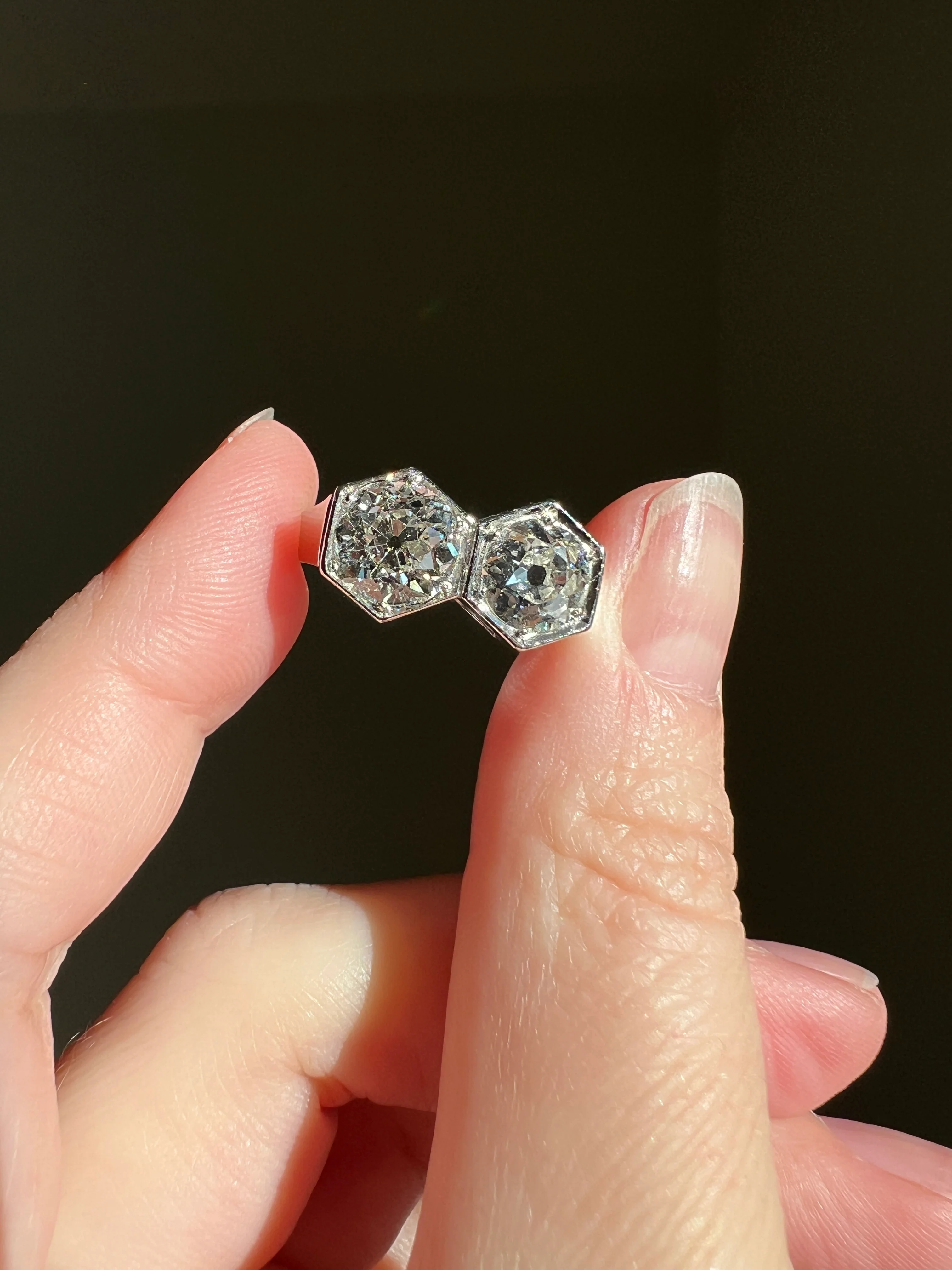 HEXAGON Toi et Moi 3.3 CARAT Eye Clean Old Mine Cut Diamond Two Stone Antique Ring PLATINUM French Geometric Engagement - Image 29