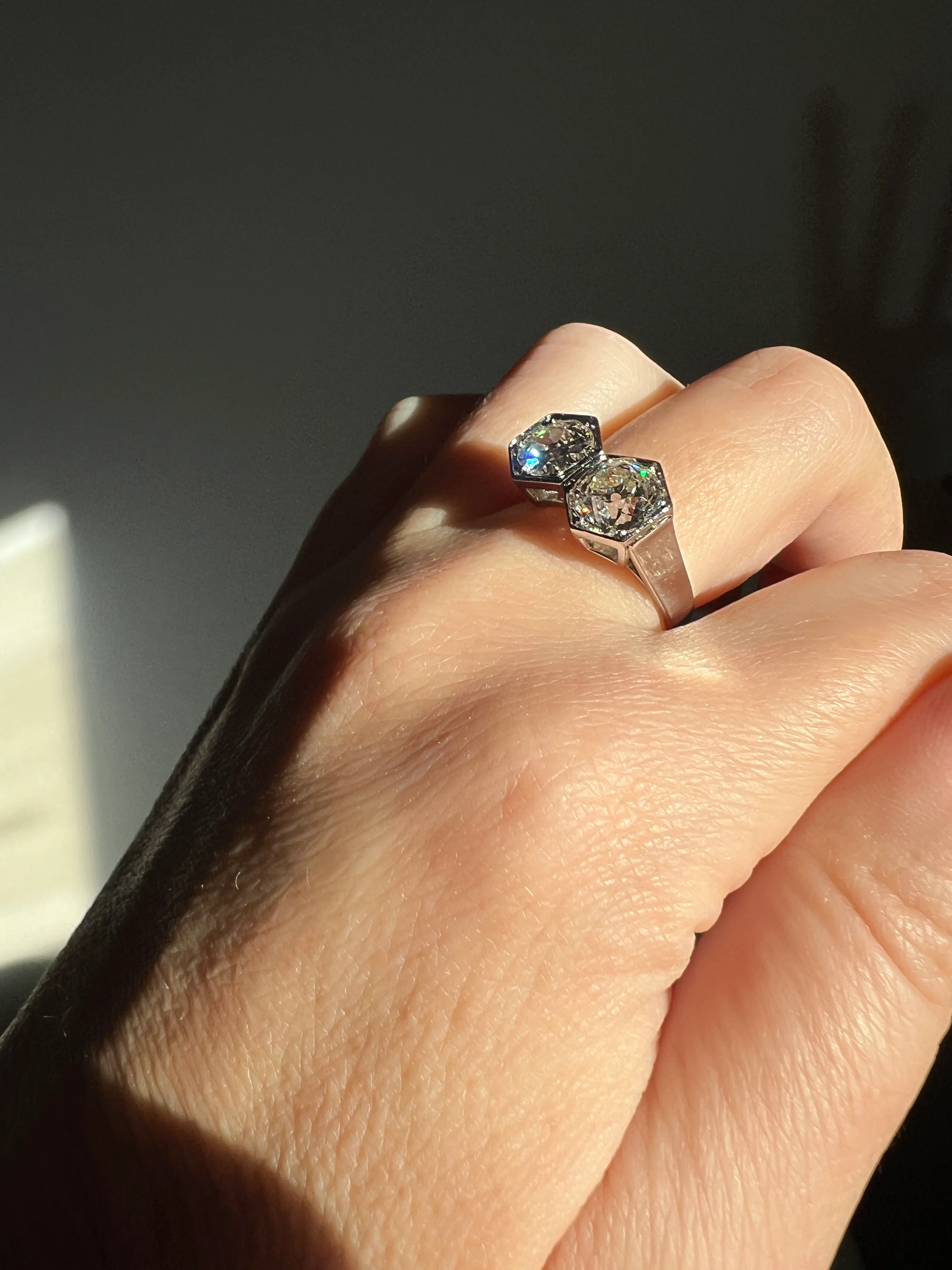 HEXAGON Toi et Moi 3.3 CARAT Eye Clean Old Mine Cut Diamond Two Stone Antique Ring PLATINUM French Geometric Engagement - Image 32