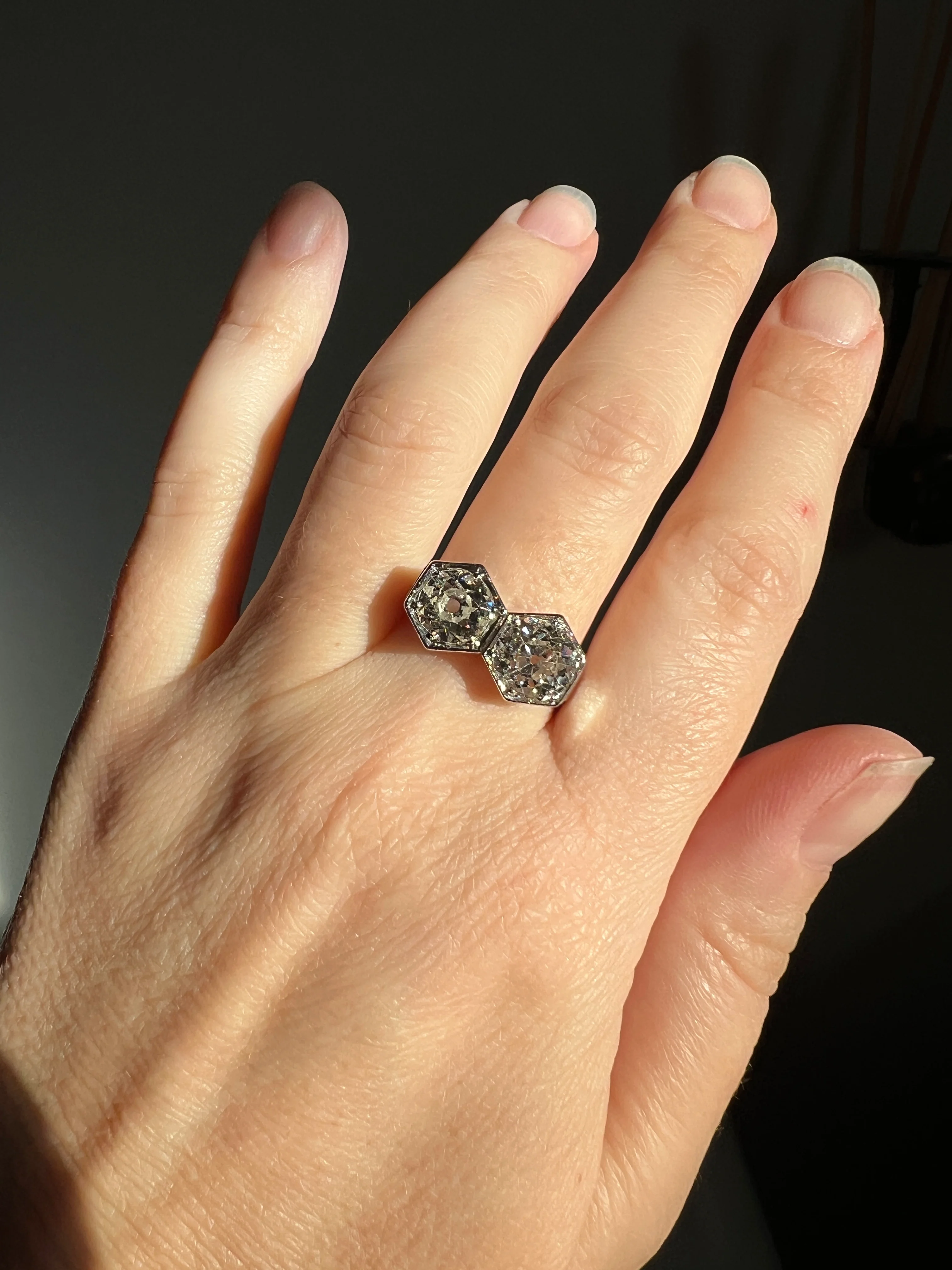 HEXAGON Toi et Moi 3.3 CARAT Eye Clean Old Mine Cut Diamond Two Stone Antique Ring PLATINUM French Geometric Engagement - Image 33