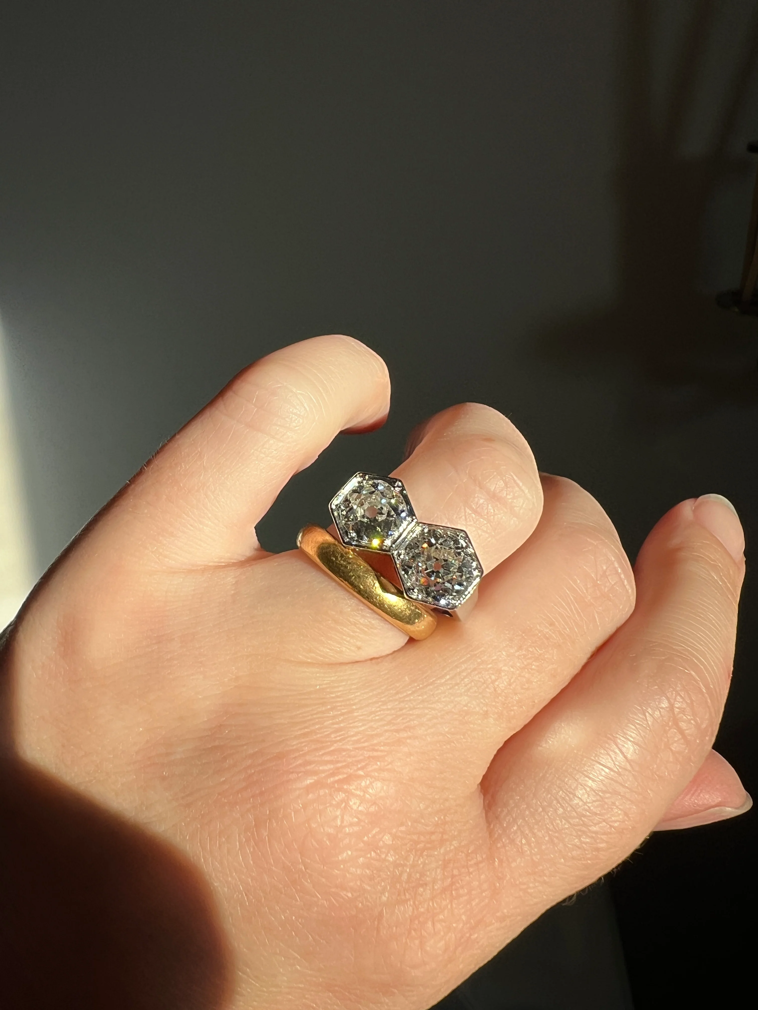 HEXAGON Toi et Moi 3.3 CARAT Eye Clean Old Mine Cut Diamond Two Stone Antique Ring PLATINUM French Geometric Engagement - Image 34