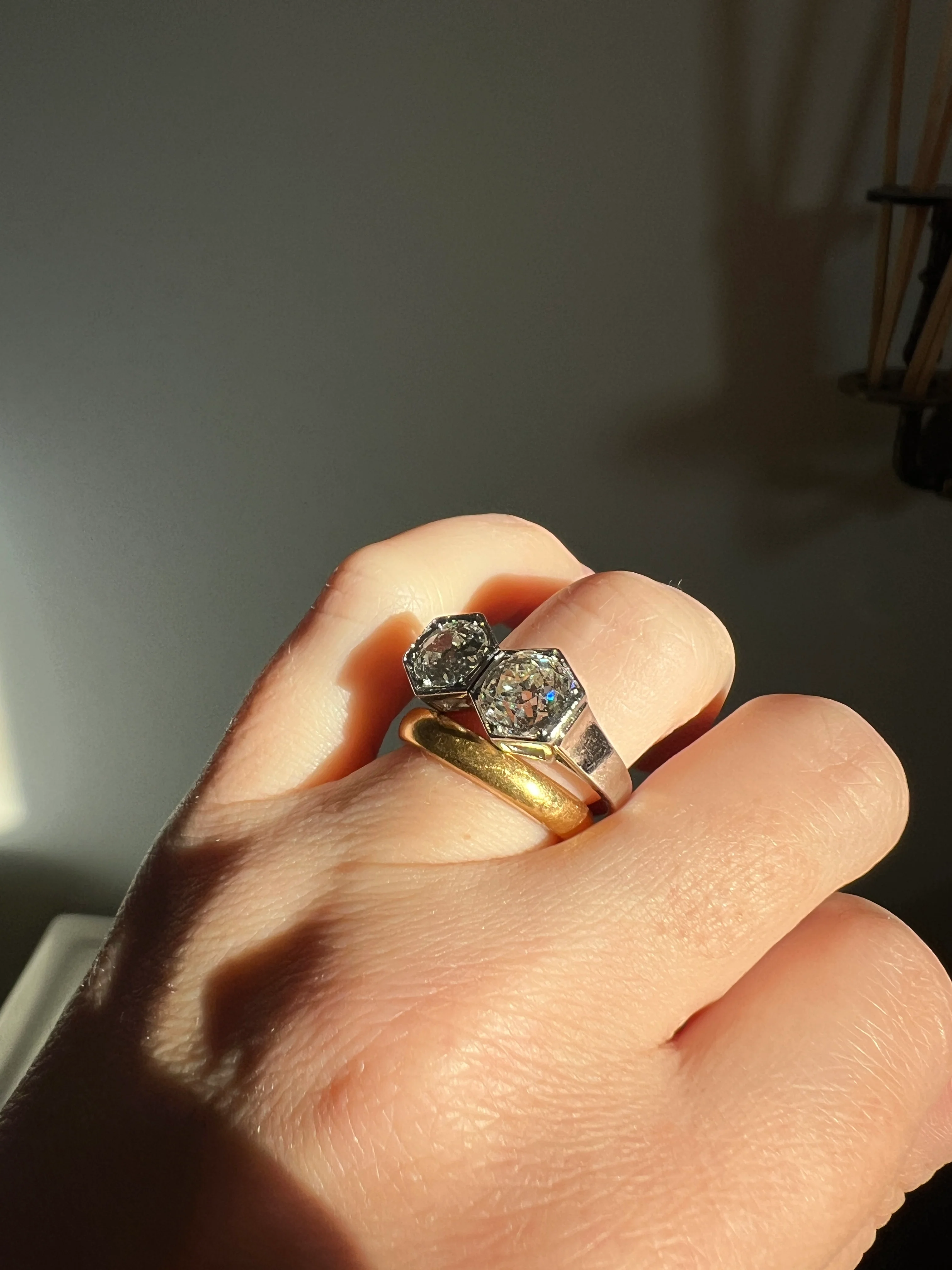 HEXAGON Toi et Moi 3.3 CARAT Eye Clean Old Mine Cut Diamond Two Stone Antique Ring PLATINUM French Geometric Engagement - Image 35