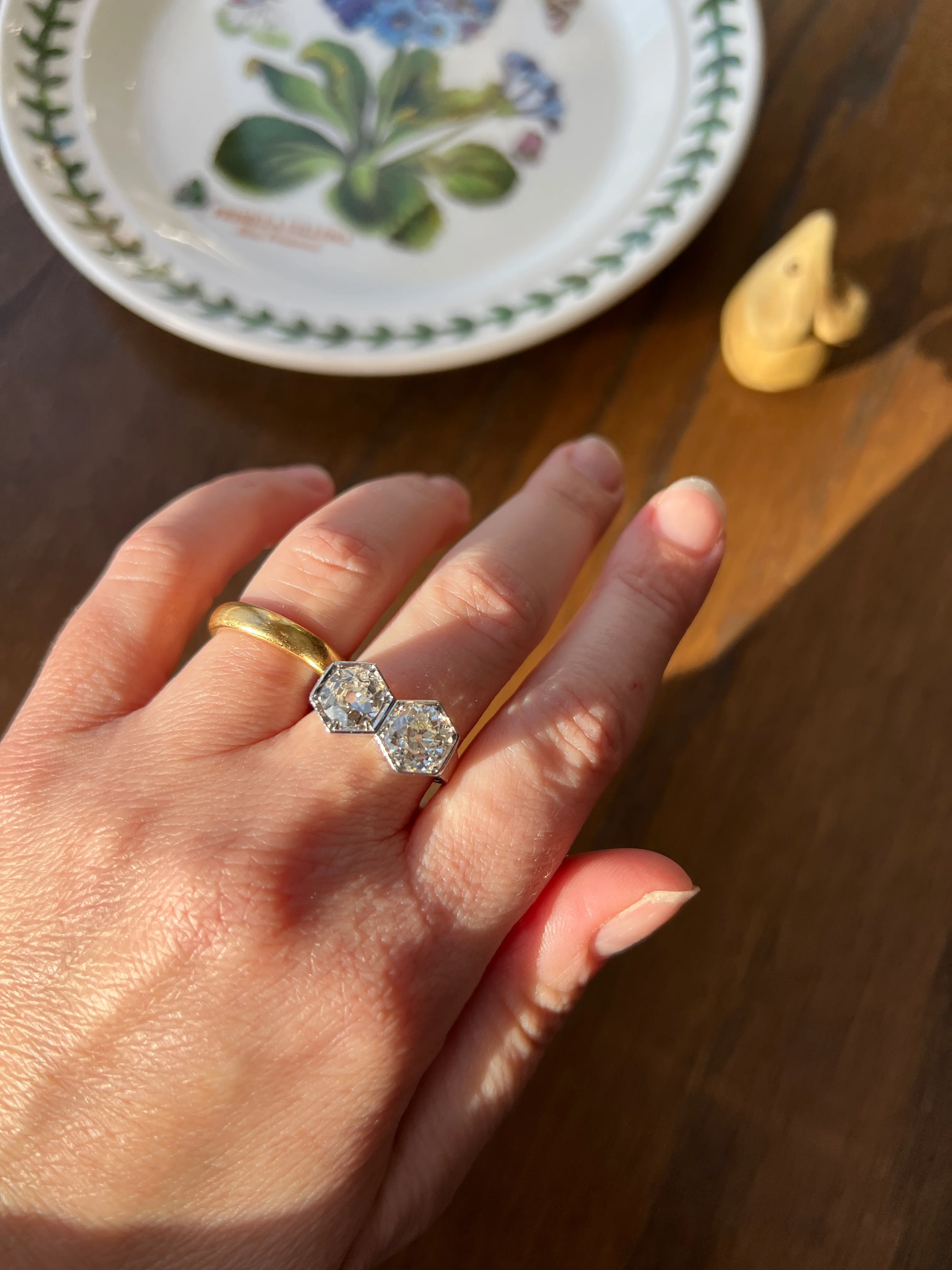 HEXAGON Toi et Moi 3.3 CARAT Eye Clean Old Mine Cut Diamond Two Stone Antique Ring PLATINUM French Geometric Engagement - Image 37
