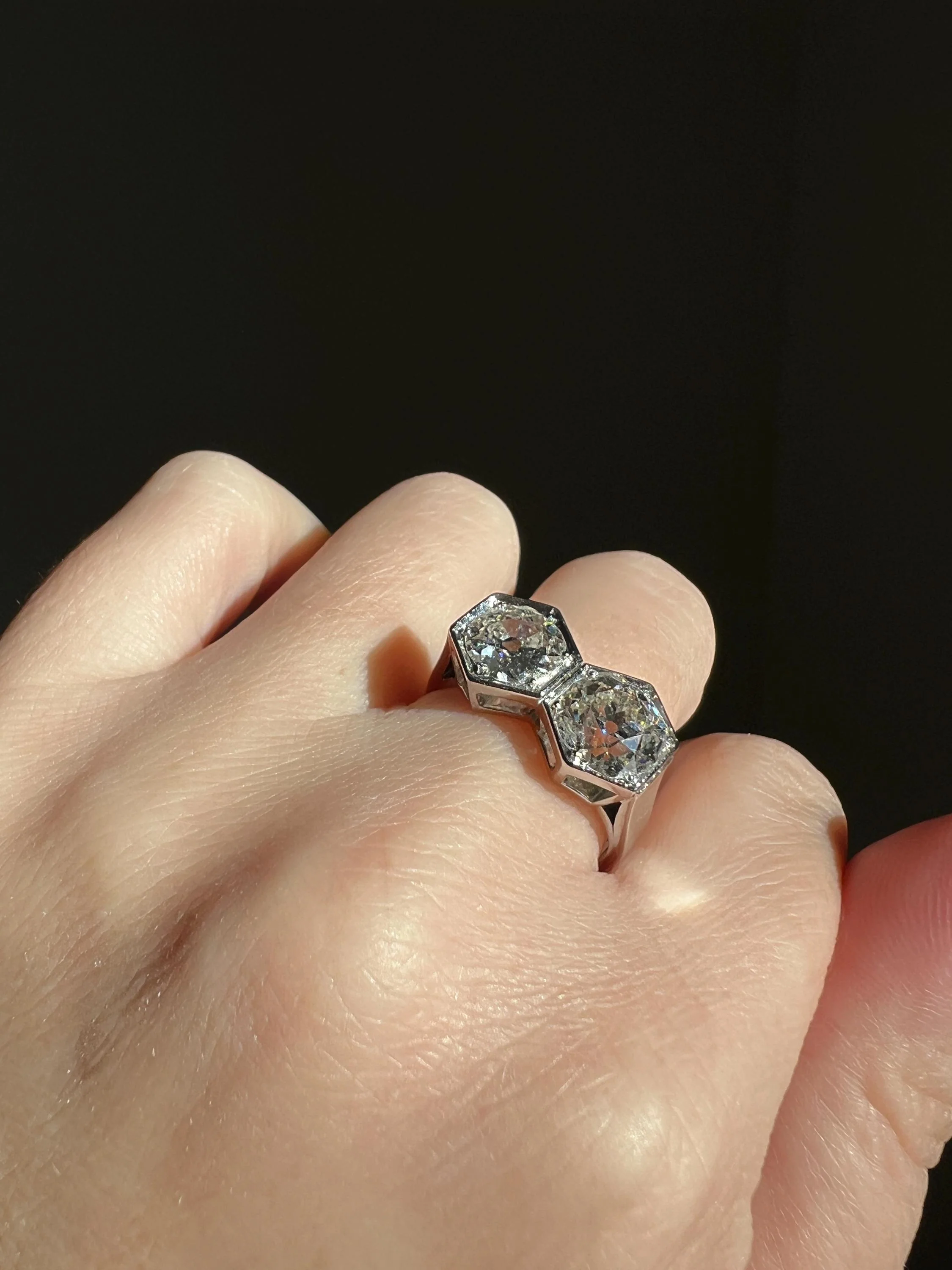 HEXAGON Toi et Moi 3.3 CARAT Eye Clean Old Mine Cut Diamond Two Stone Antique Ring PLATINUM French Geometric Engagement - Image 6
