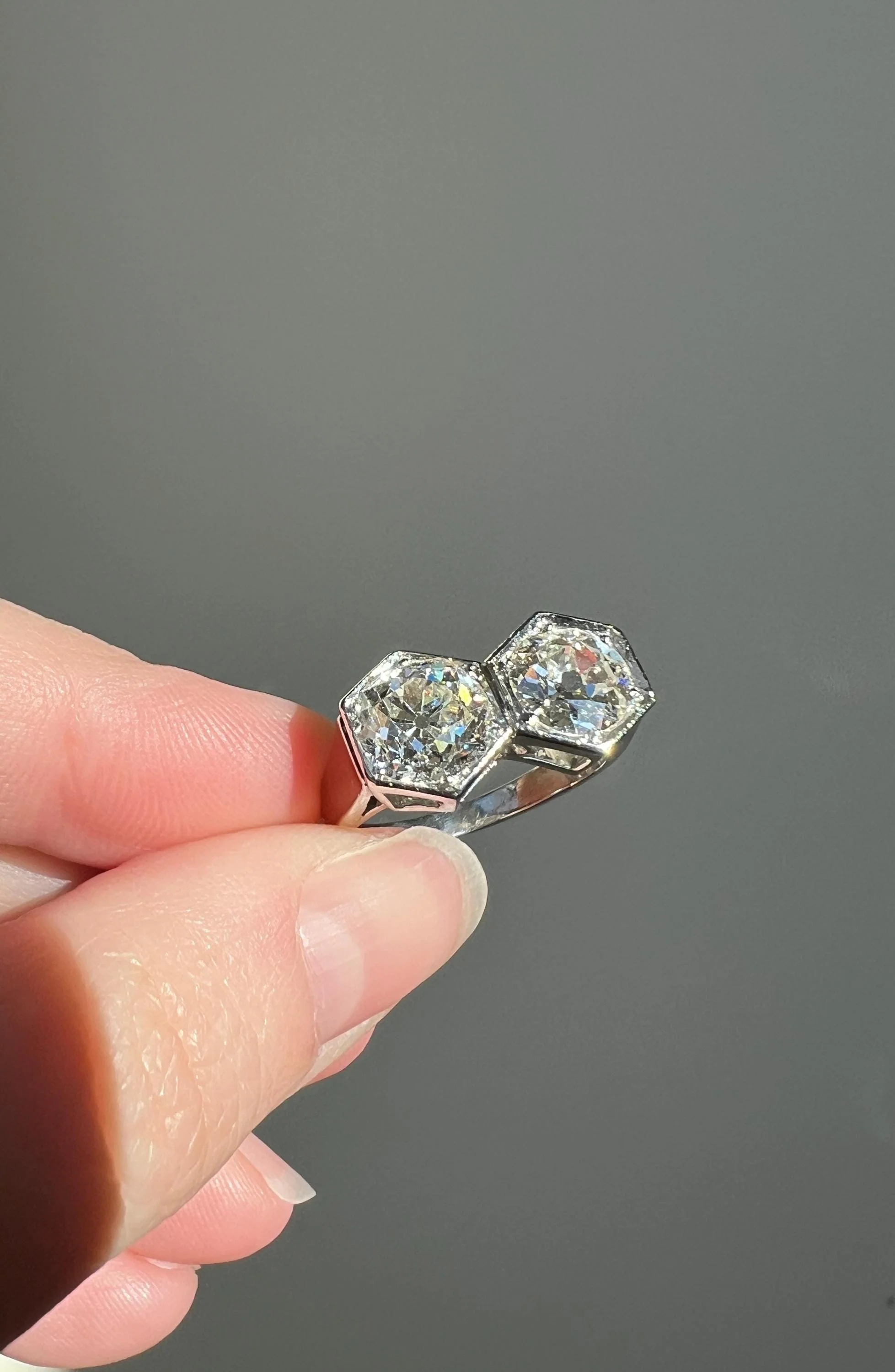 HEXAGON Toi et Moi 3.3 CARAT Eye Clean Old Mine Cut Diamond Two Stone Antique Ring PLATINUM French Geometric Engagement - Image 7