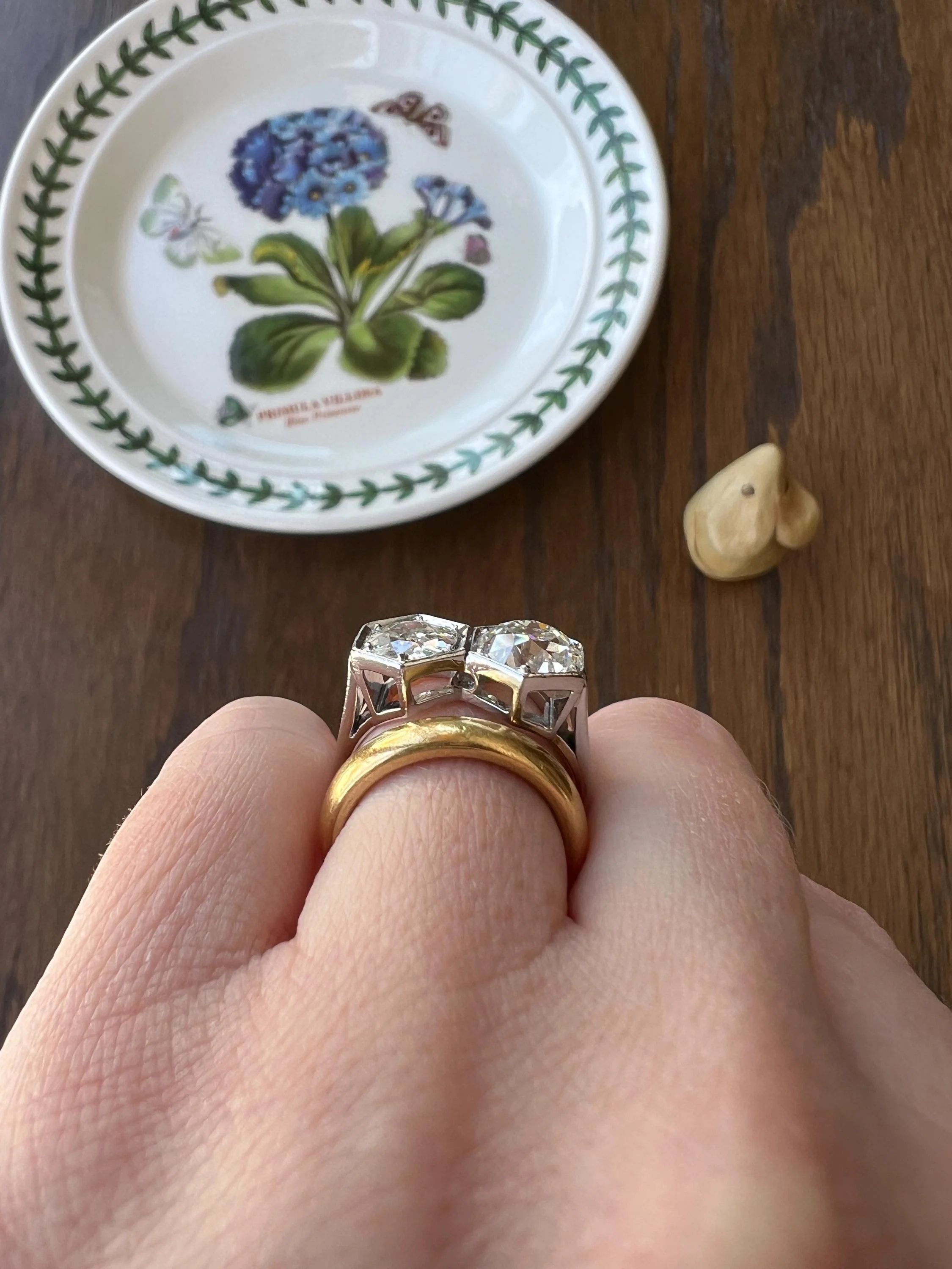HEXAGON Toi et Moi 3.3 CARAT Eye Clean Old Mine Cut Diamond Two Stone Antique Ring PLATINUM French Geometric Engagement - Image 8