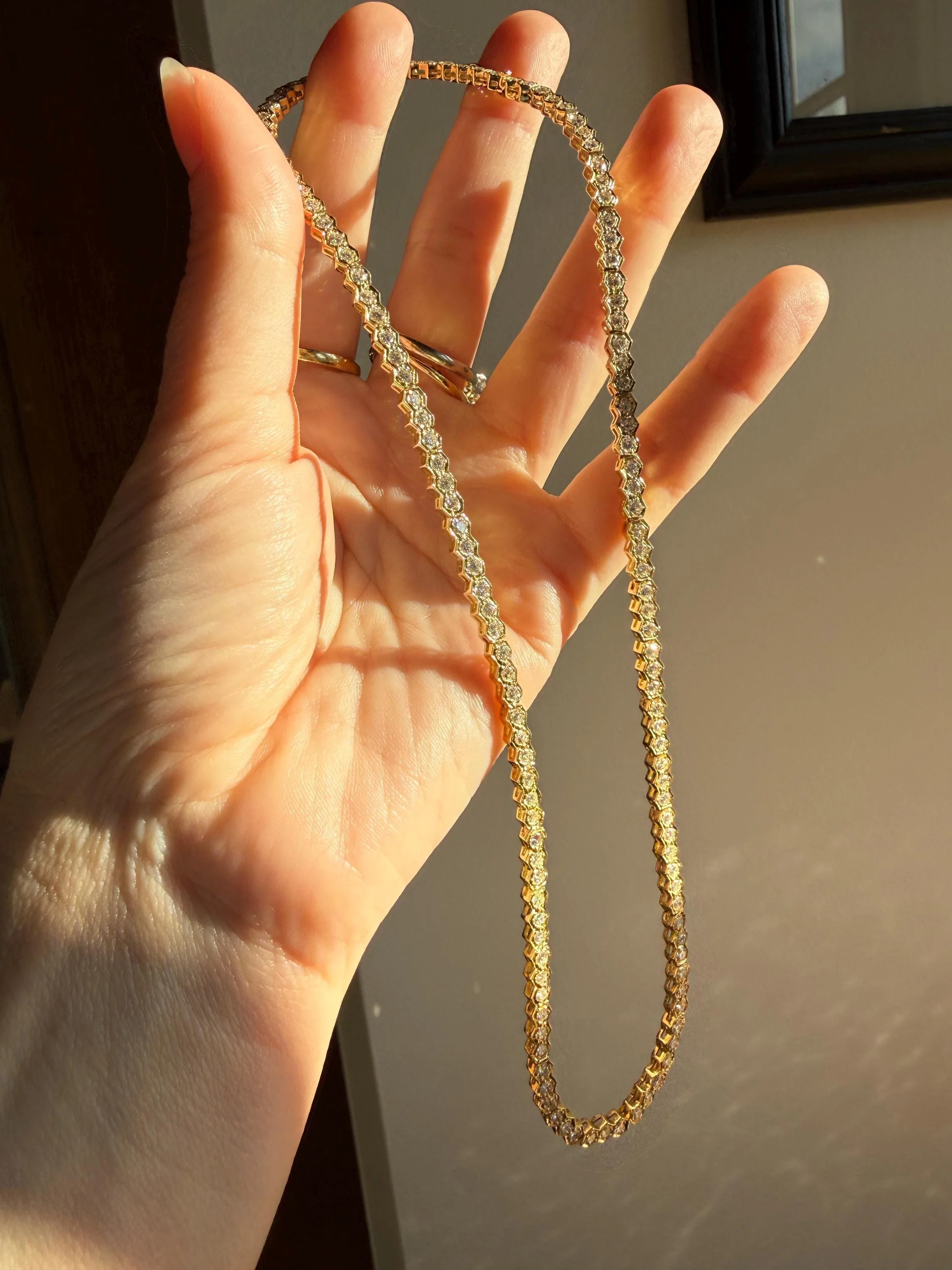 HEXAGON Vintage 5.4 Carats Natural Diamond Riviera Eternity Chain Geometric Honeycomb 24.1g 18k Gold Solid Tennis Necklace 5.4Ctw - Image 16